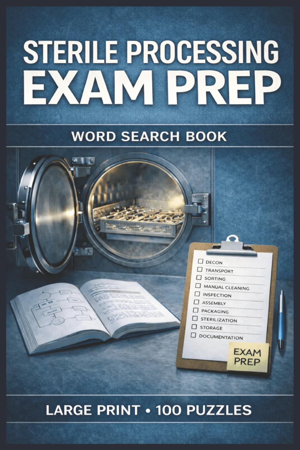 Sterile Processing Exam Prep Word Search Book: Large Print Puzzle Collection with 100 Puzzles and 2000 Unique Words on CRCST Exam Domains, Instrument ... and Sterilization Monitoring (SPD Series)