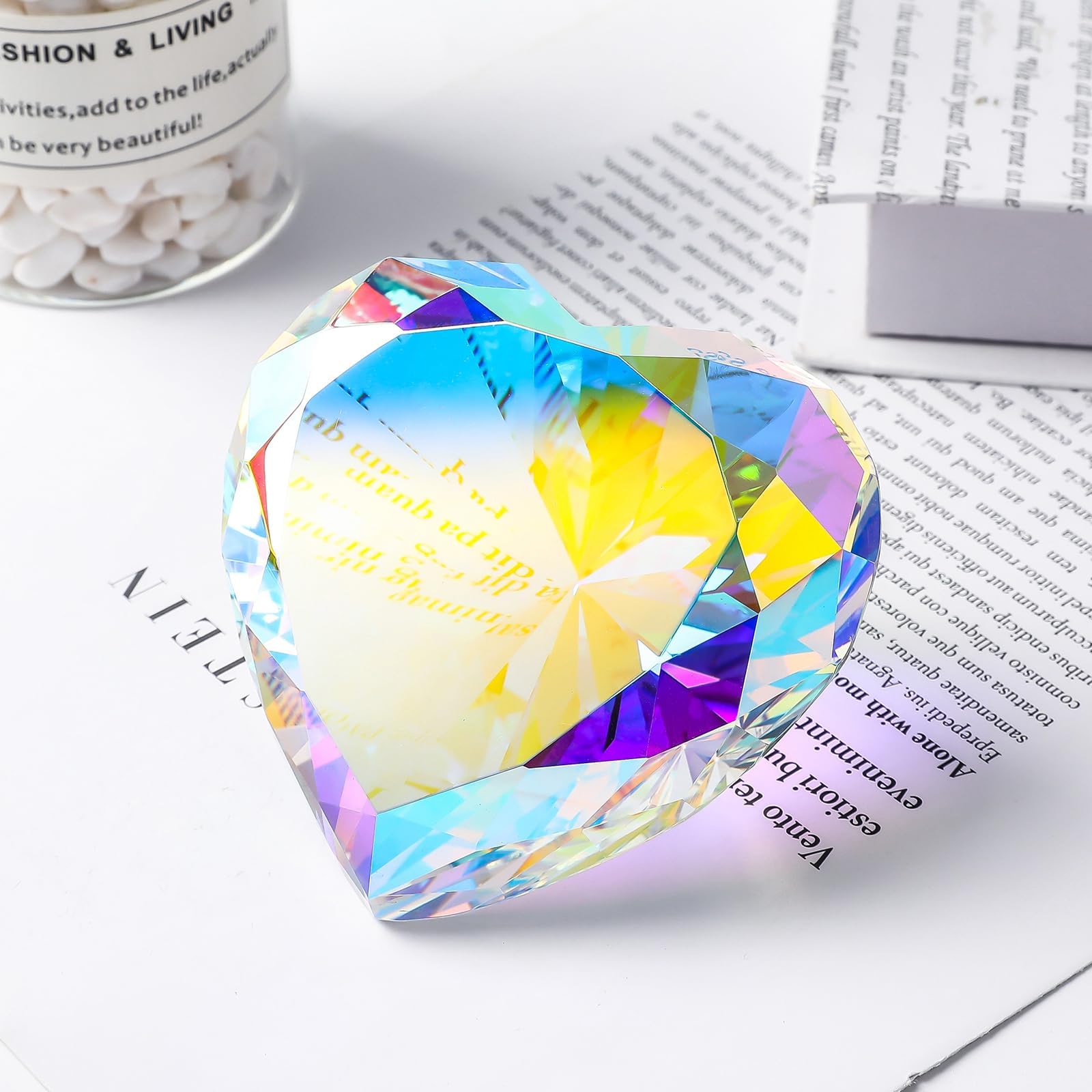 90 mm Kristalldiamant-Briefbeschwerer, herzförmige Glassteine, große künstliche Diamanten, Papierbeschwerer für Frauen, Schreibtisch, Hochzeit, Tafelaufsatz, AB-beschichtet