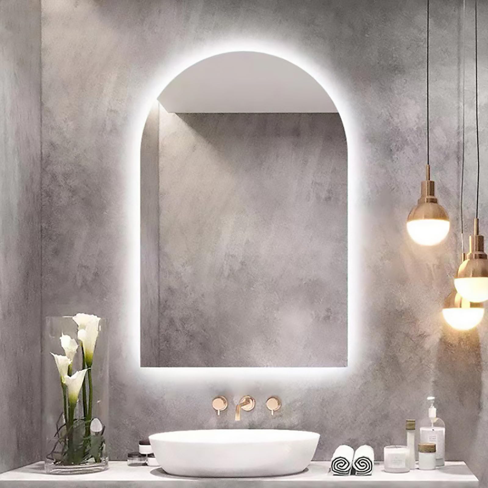 Specchio cosmetico semicircolare illuminato da parete, regolabile in 3 colori, per camera da letto e salone di bellezza, design elegante ad arco per capelli e trucco impeccabili