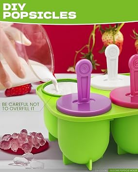 Silicone Popsicles Molds, Popsicle Mold for Kids, Ice Cream Molds, Ice Pop Mold with Popsicle Holders 6 Colorful Reusable Sticks BPA Free