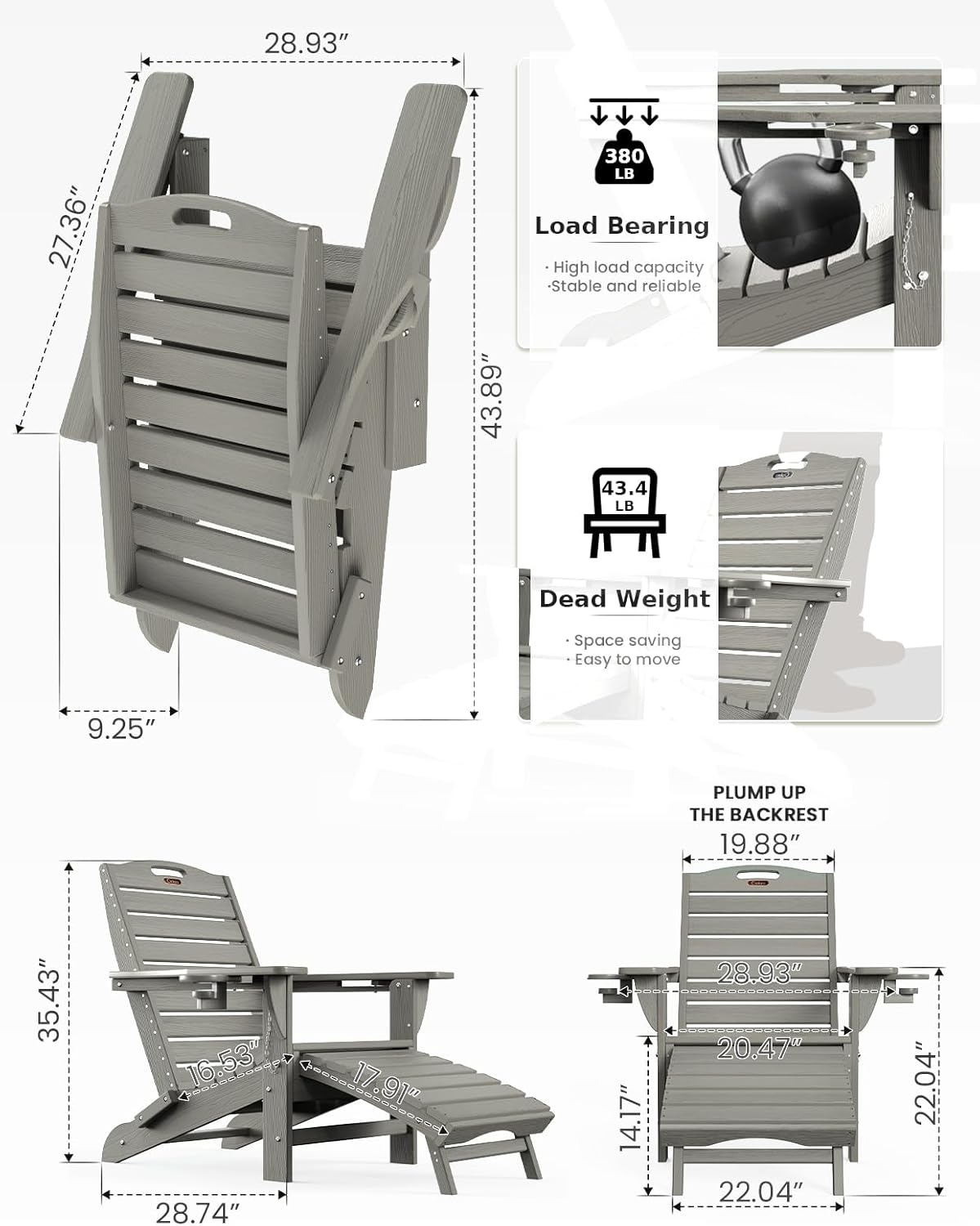 Diagram showing product dimensions, load bearing capacity of 300 lbs, and dead weight of 43.4 lbs