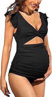 Charmo Ruffle Ribbed Maternity Swimsuit One Piece High Waisted Pregnancy...