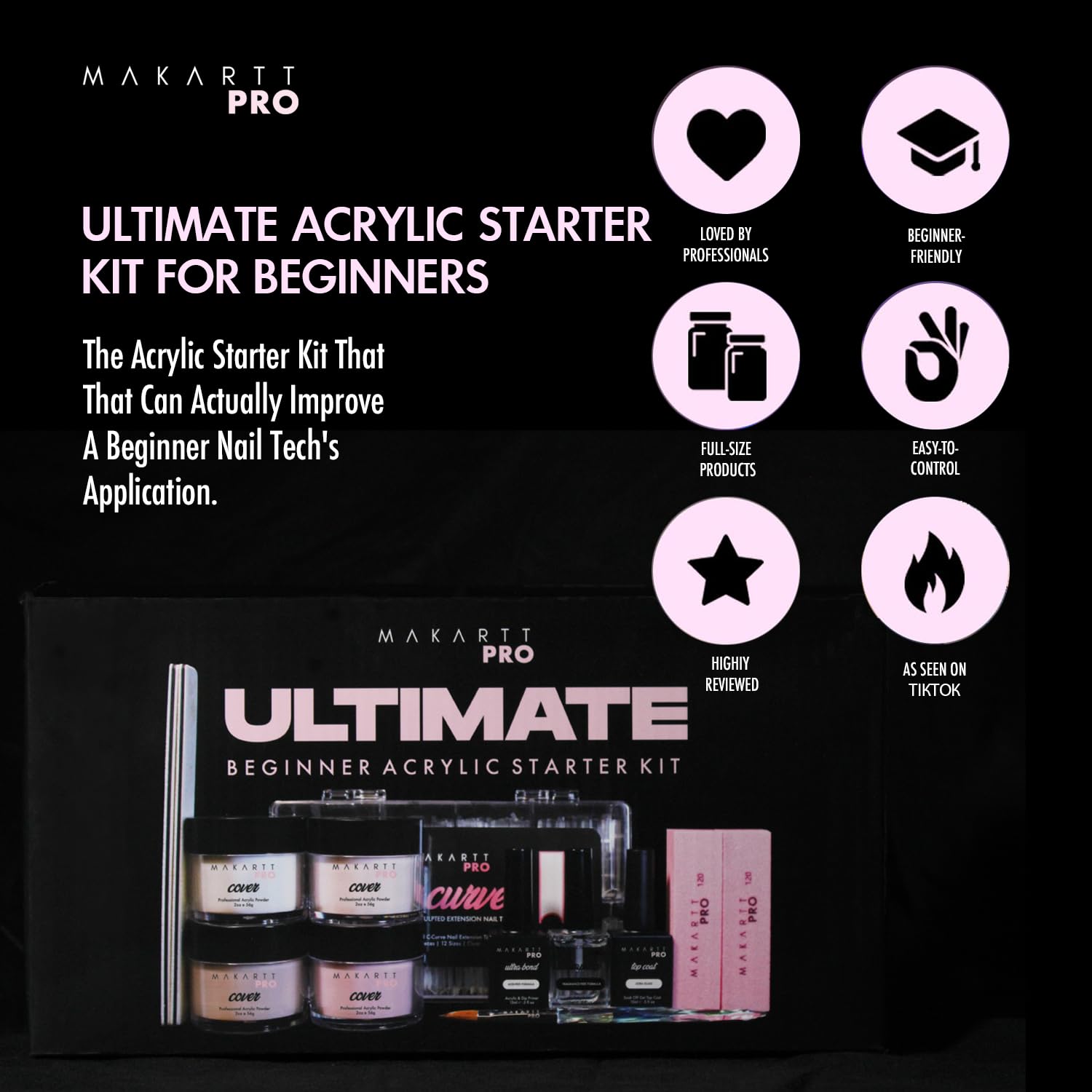 MakarttPro Acrylic Nail Starter Bundle Kit – Complete Set for Beginners to Professionals with Pink & Clear Acrylic Powder, Strawberry Scented Monomer (16oz), Kolinsky Brush & Brush Cleaner