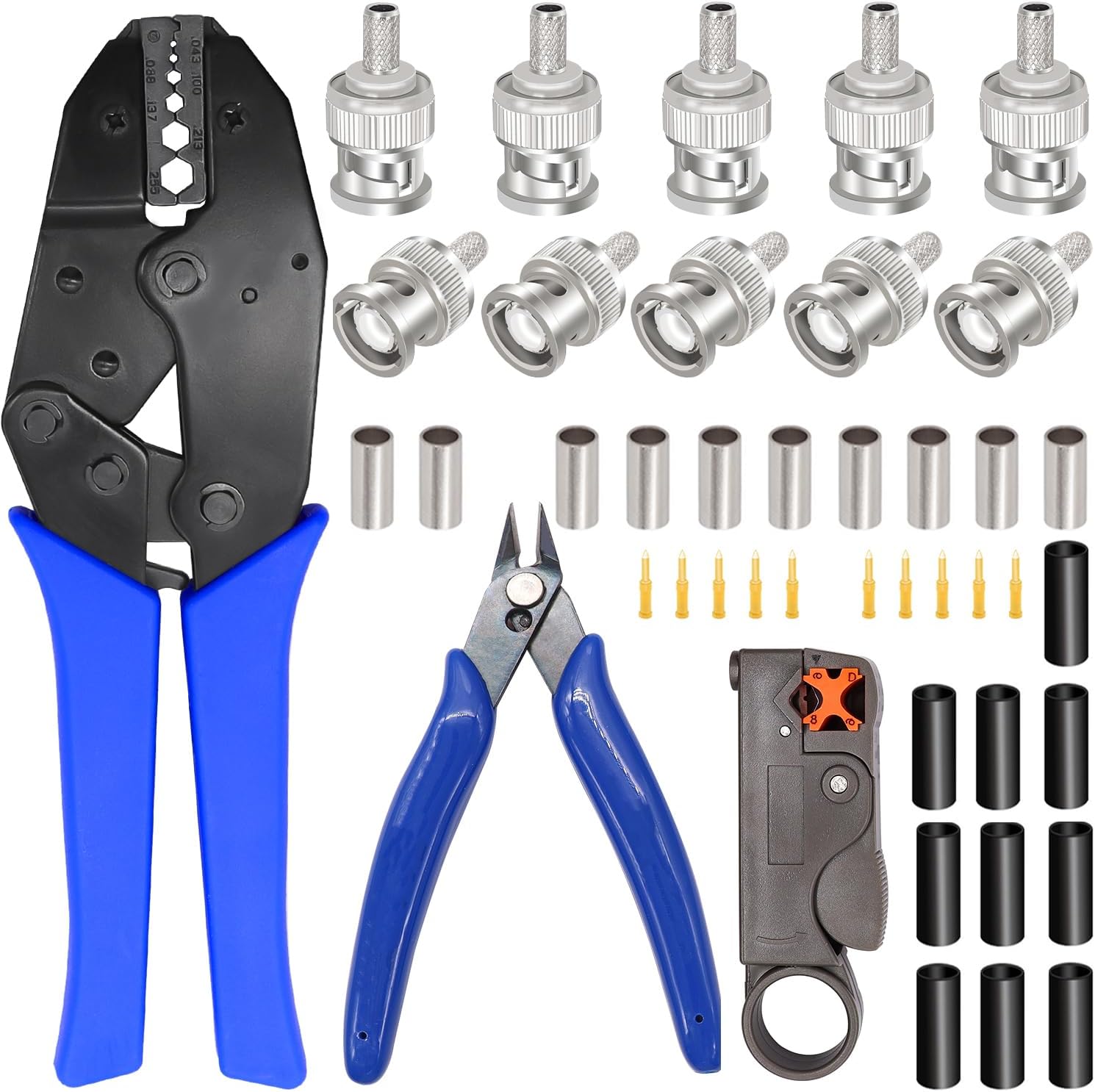 Taiss BNC Crimp Tool With 10PCS Connector, Coaxial Crimping Tool, Wire Stripper Cutter, Cable Cutter and Heat Shrink Tube for RG58/RG59/RG62/RG174