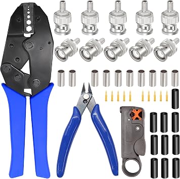 Taiss Coaxial Cable Tool Kit BNC Crimp tool with 10PCS BNC Male Crimp Connector,Coaxial Cable Stripper Cutter,Wire Cable Cutter and Heat Shrink Tube for RG58/RG59/RG62/RG174