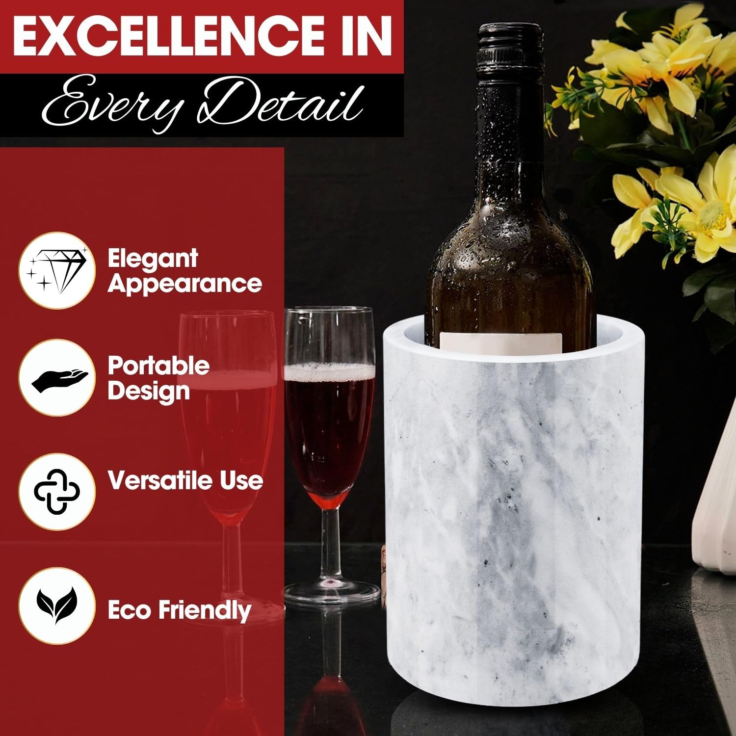 Flexzion Marble Wine Chillers for Bottles - Champagne Cooler & Multi-Purpose Marble Utensil Holder for Kitchen - Adaptable Stone Wine Bottle Chiller Bucket for Party, Bar, Home Decor, White — Amazon image 8