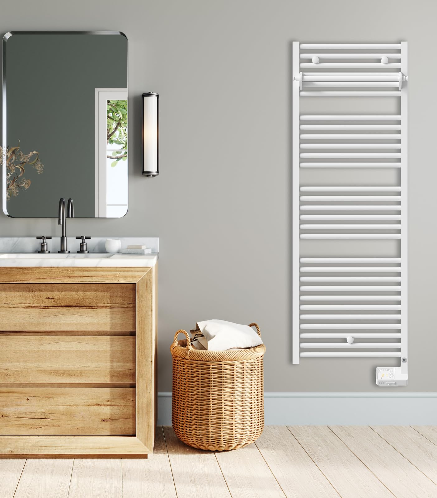 THERMOR CORSAIRE 2 Electric Towel Dryer, front view, showing vertical bars and a digital control panel at the bottom right.