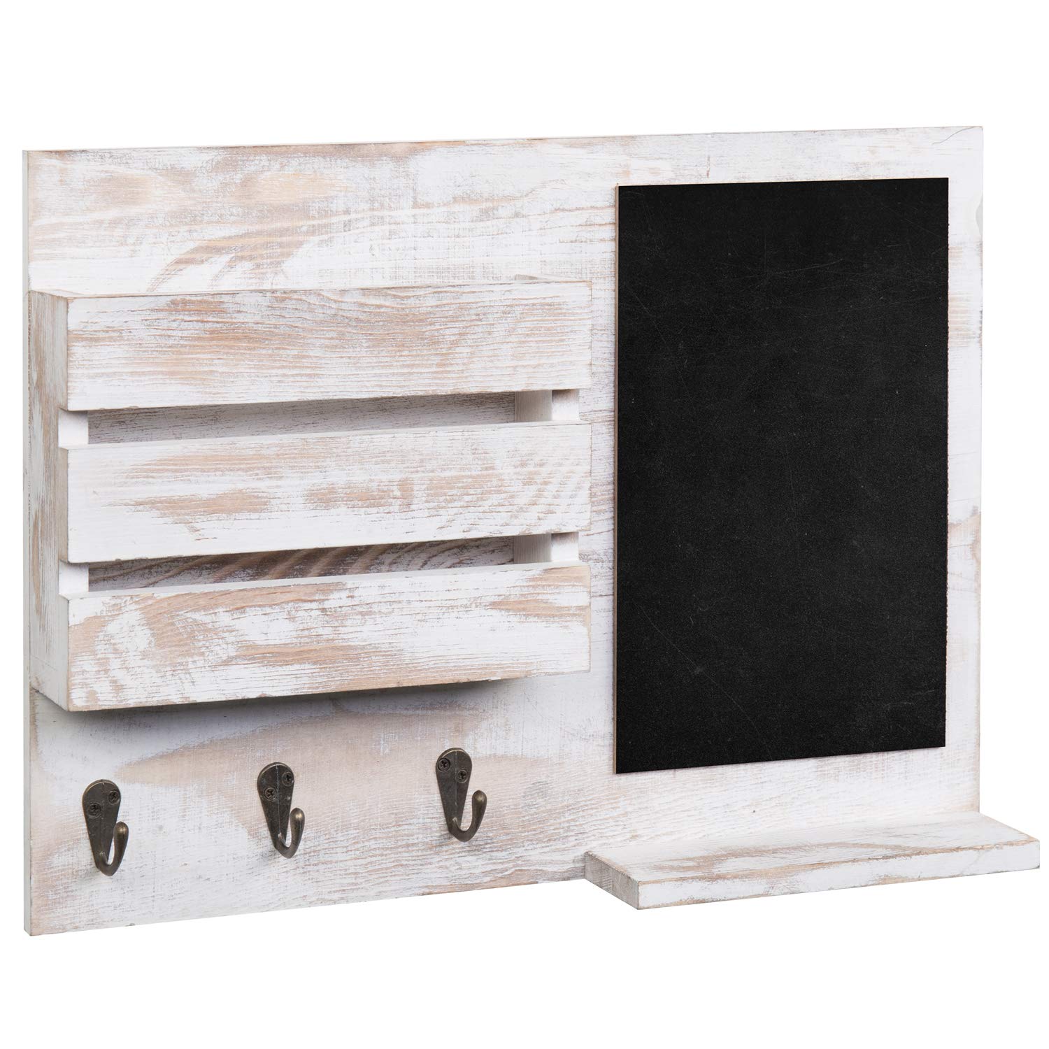 MyGift Shabby Whitewashed Postale da Parete in Legno con Lavagna, 3 Ganci per Chiavi e Ripiano