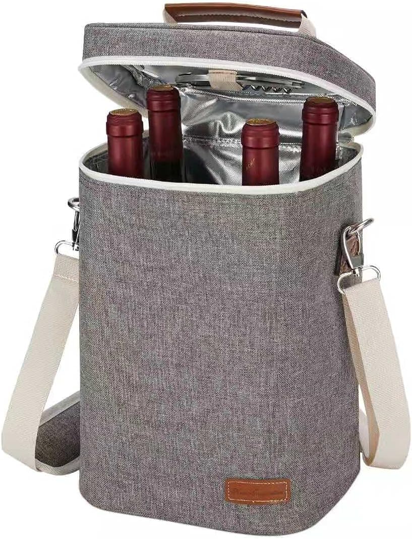 ZORMY 4 Bottle Insulated Wine Tote, Personalized Wine Carrier Bag, Travel Padded Wine Cooler with Corkscrew Opener and Adjustable Shoulder Strap, Perfect Wine Lover's or Wedding Gift Khaki