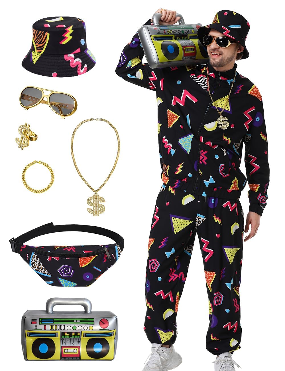 Ezuwail 80s Outfit Men's Tracksuit Retro Jogging Suit Men's Set 90s Outfit Men's Halloween Carnival Sports Suit Cosplay Costume 9 Pieces (Black/L) — image 1