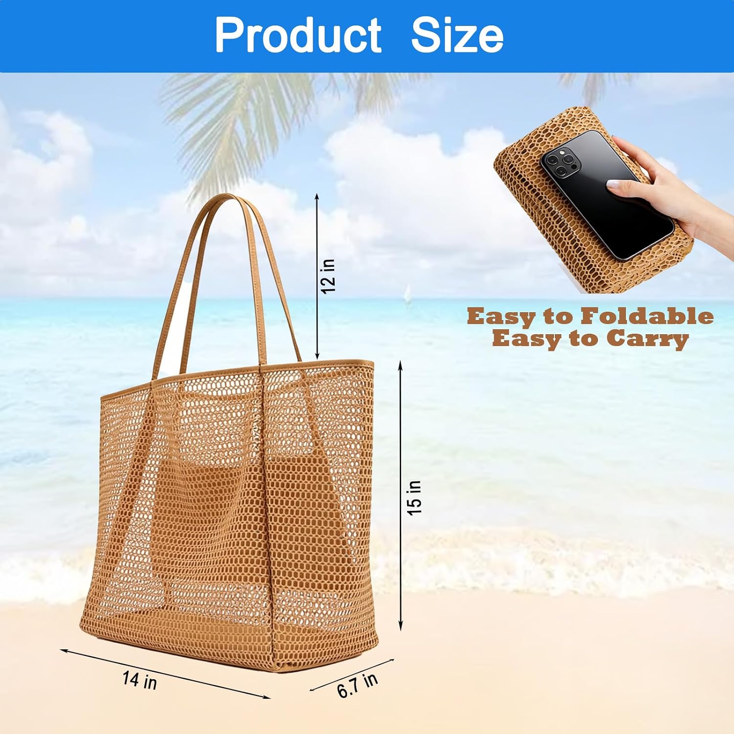 Women's Large Mesh Beach Bag Tote–Waterproof Sandproof Foldable with Zipper Pockets for Summer Travel & Vacation