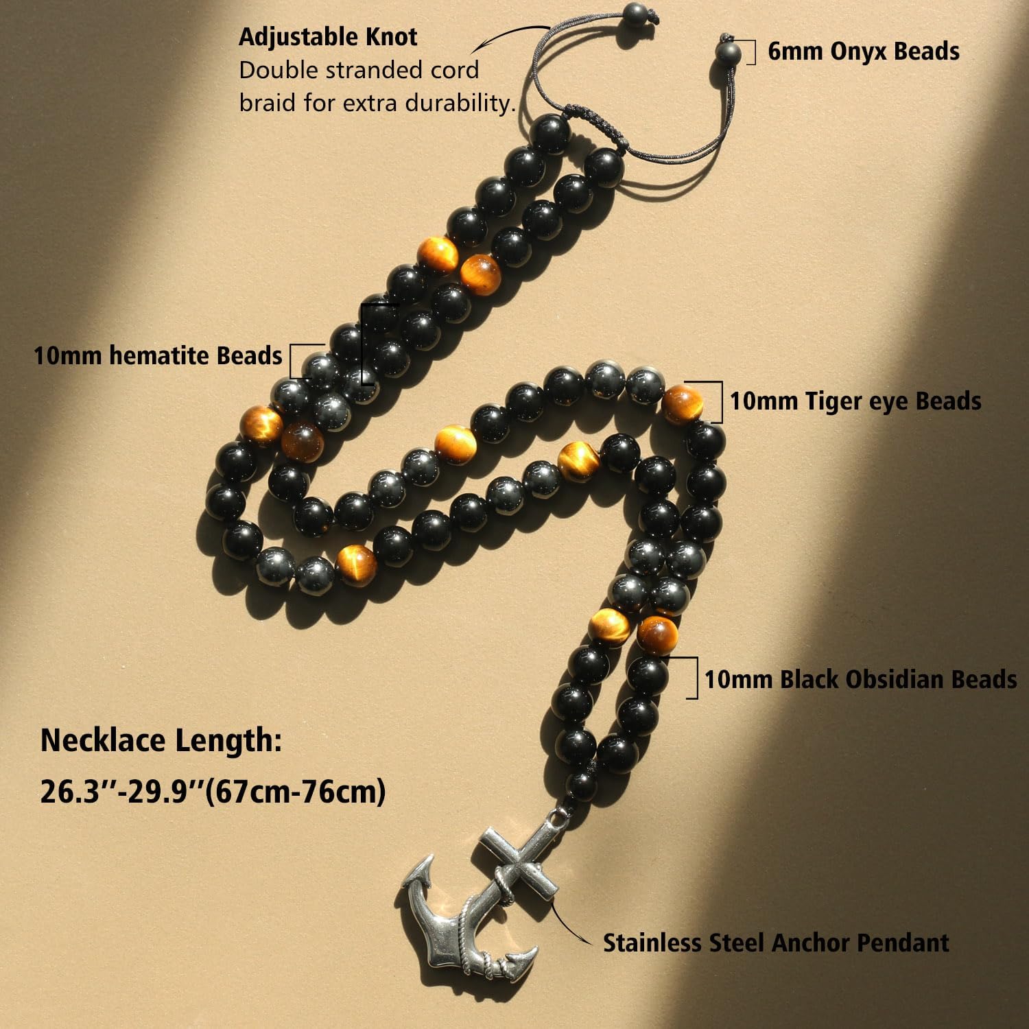 Triple Protection Crystal Bead Necklace for Men - Black Obsidian Hematite and Tiger Eye Beads Necklace with Stainless Stee Pendant, Natural Stone Beads Healing Jewelry Christmas Gifts for Him