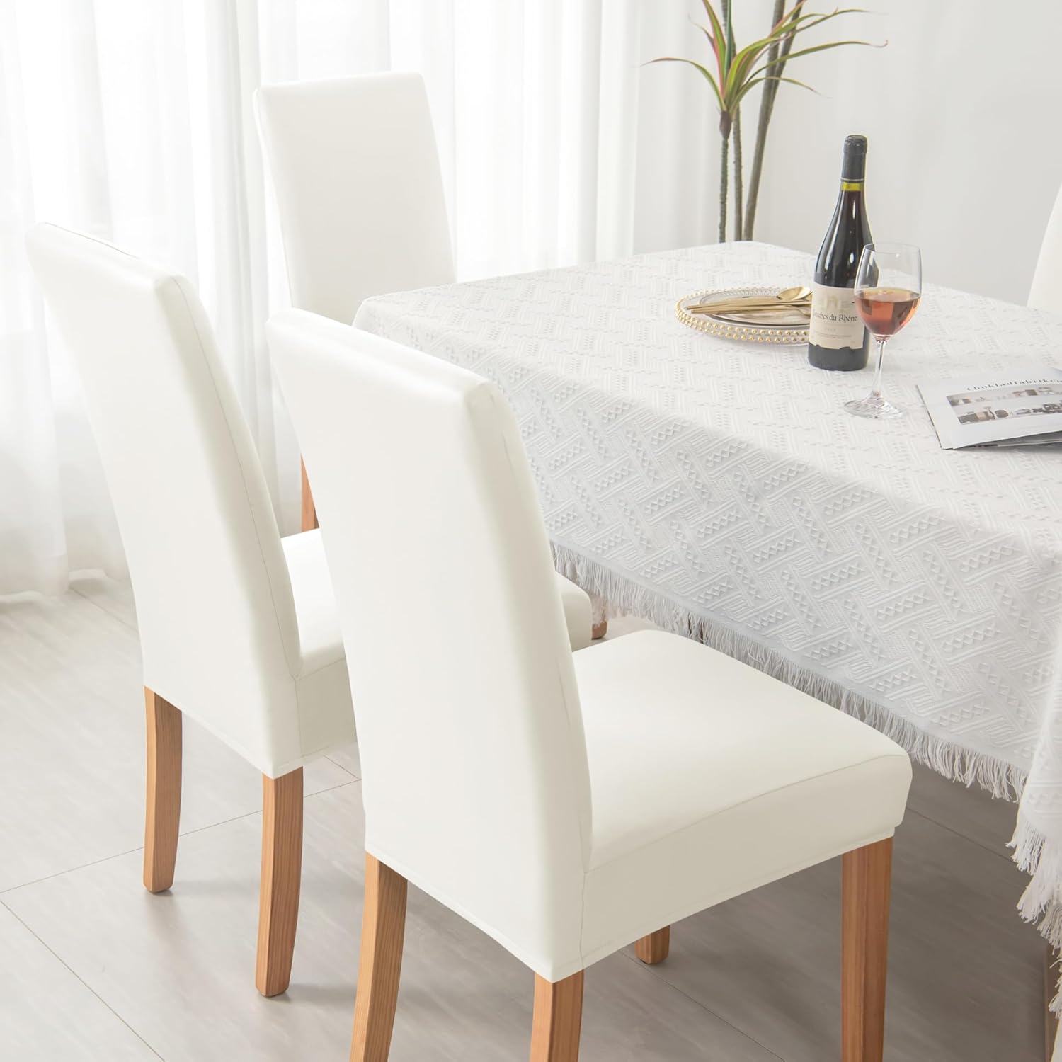 XMNTG Set of 4 Waterproof White Pu Leather Dining Chair Cover Stretch Oilproof Parsons Chair Slipcover Removable Chair Protector Cover for Banquet Hotel Wedding (4, White)
