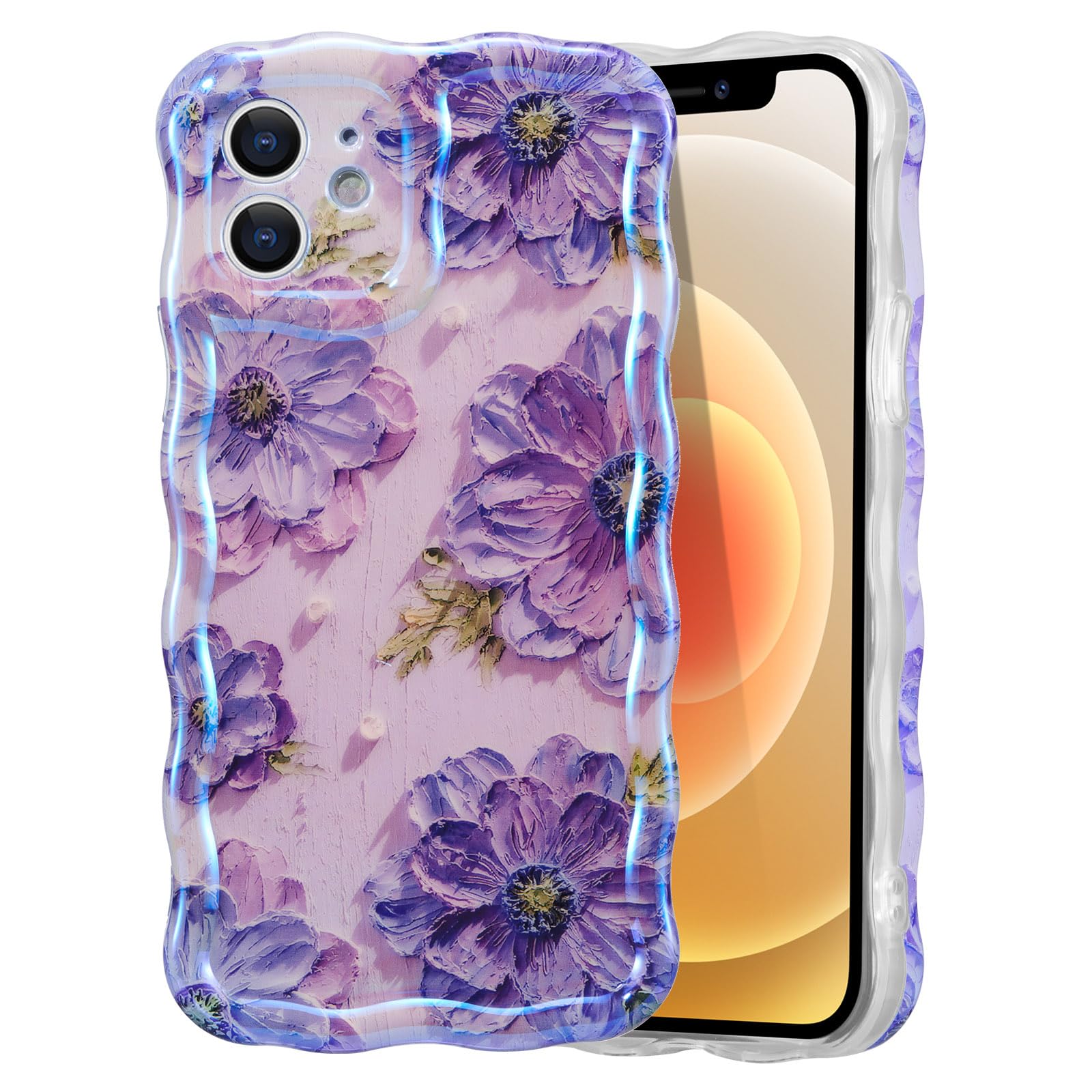 EYZUTAK Case for iPhone 15, Colorful Retro Oil Painting Flower Laser Beam Glossy Pattern Cute Curly Waves Border Exquisite Phone Cover Stylish Durable Soft TPU Protective Case for Girls Women - Green — view 92