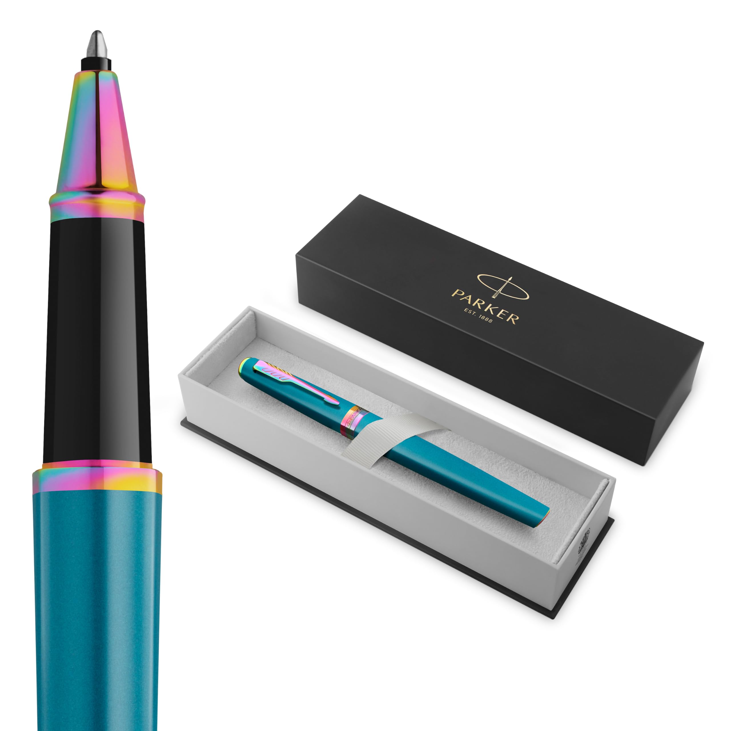 PARKER Meridian Rollerball Pen | Teal Lacquer with Rainbow Trims | Fine Nib | Handwriting Pens & Stationery Supplies | Black Ink | Luxury Gift Box