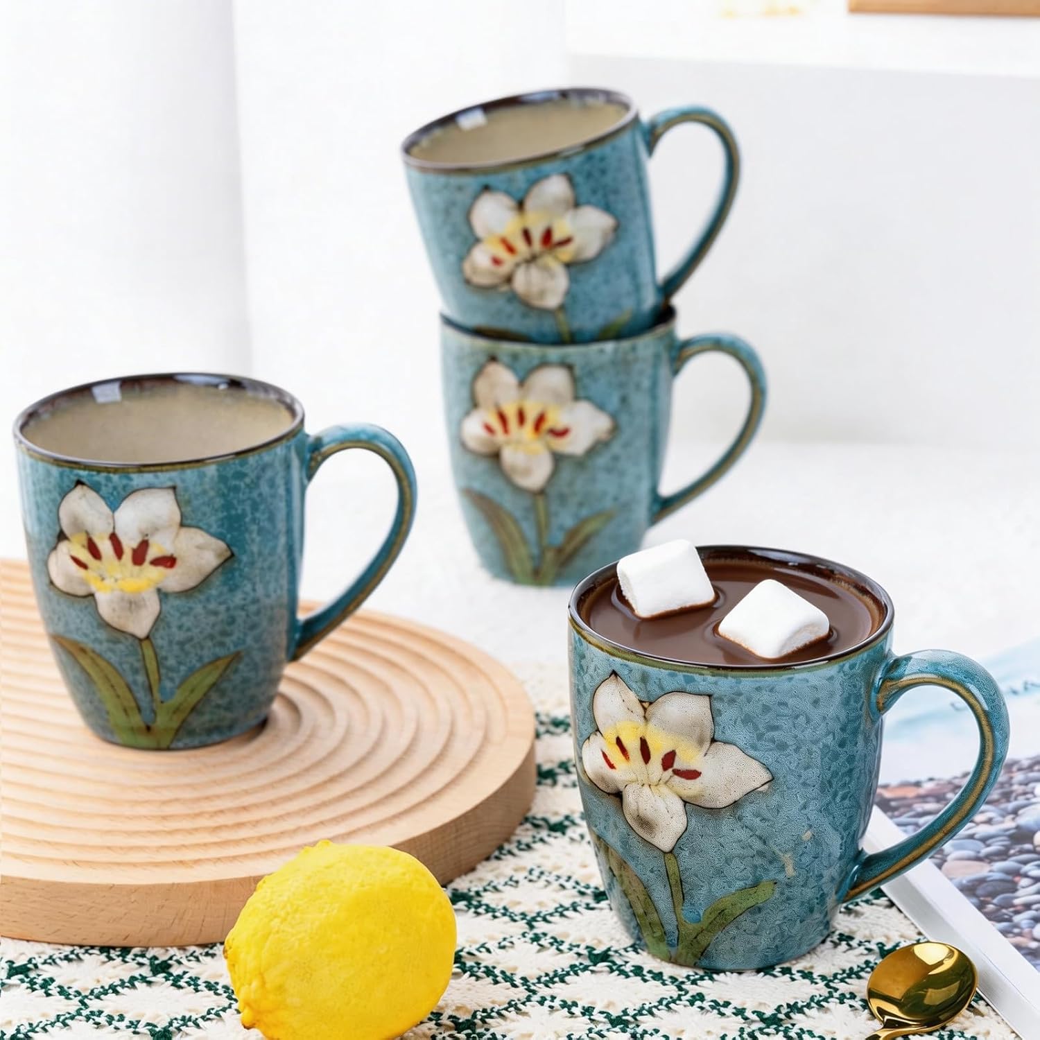 12oz Coffee Mugs Set of 4, Hand-Painted Floral Stoneware Cups with Handle, Dishwasher Microwave Oven Safe, Cappuccino Mugs for Latte, Tea, Espresso & Hot Cocoa, for Home Kitchen & Cafe, Blue
