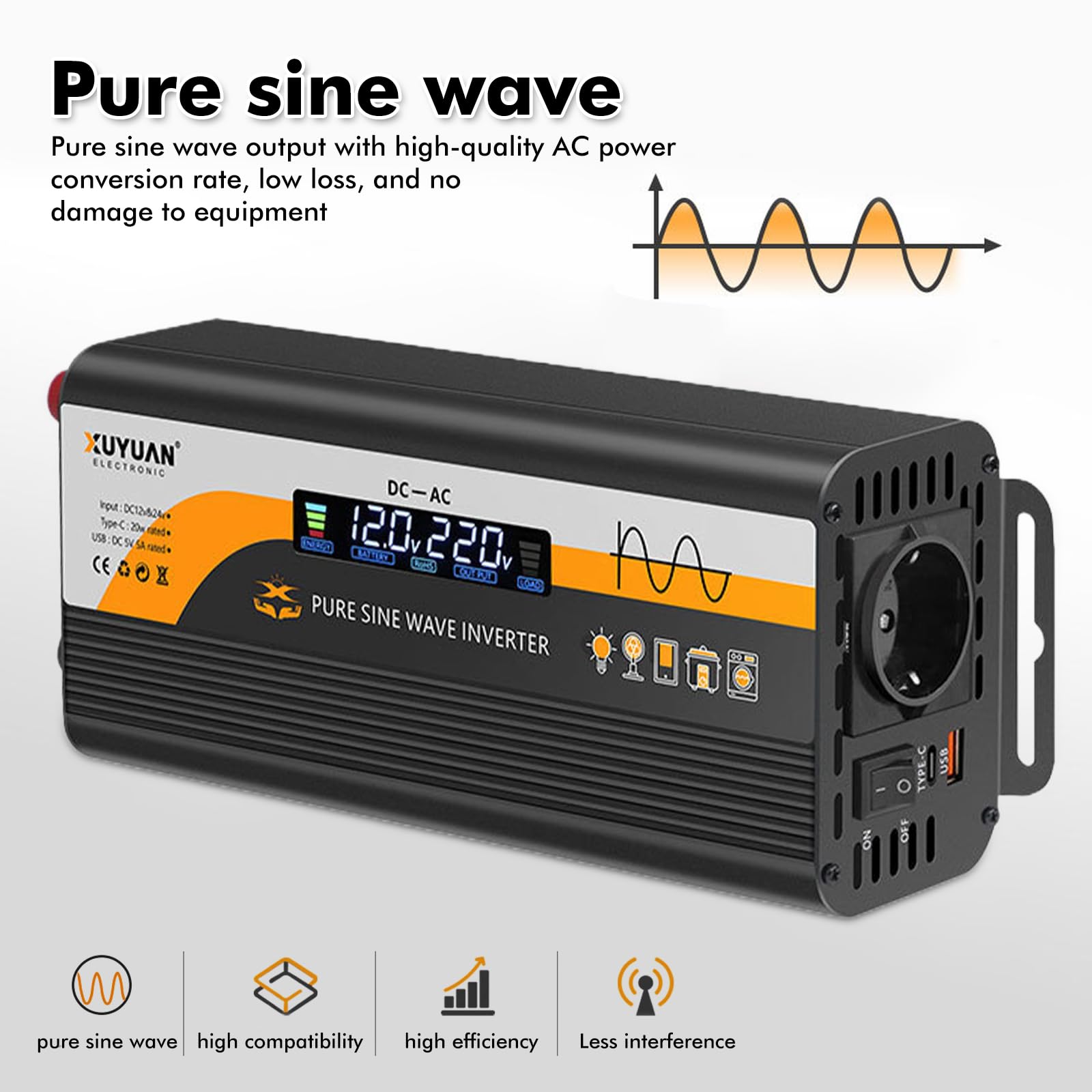 800W Convertisseur 12V 220V Pur Sinus: Onduleur à Transformateur avec Allume Cigare Prise Electrique Et Dual AC Prises Et écran LCD, Inverter Trasformatore Caricatore pour RV Voiture De Camion