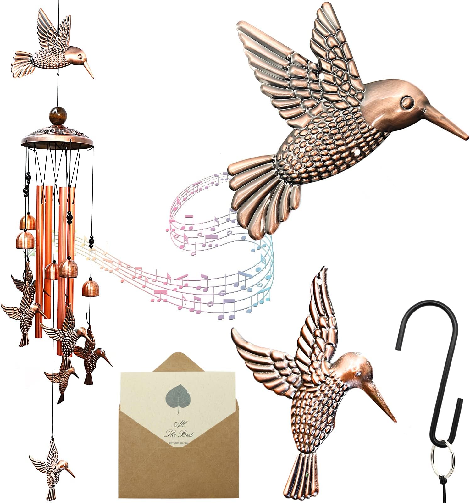 Hummingbird Wind Chimes Outdoor Indoor Decor, with 4 Aluminum Tubes 6 Bells 7 Hummingbirds, Mobile Wind Catcher, Memorial Windchimes for Home, Xmas Mom Gifts, Festival, Balcony, Garden Decoration