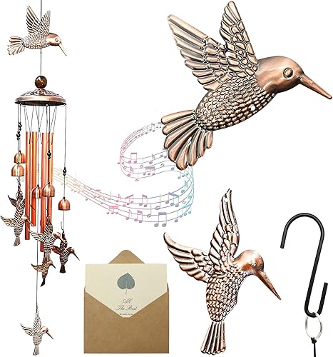 Campanillas de viento de colibrí para decoración interior y exterior, con 4 tubos de aluminio, 6 campanas, 7 colibríes, captador de viento móvil,