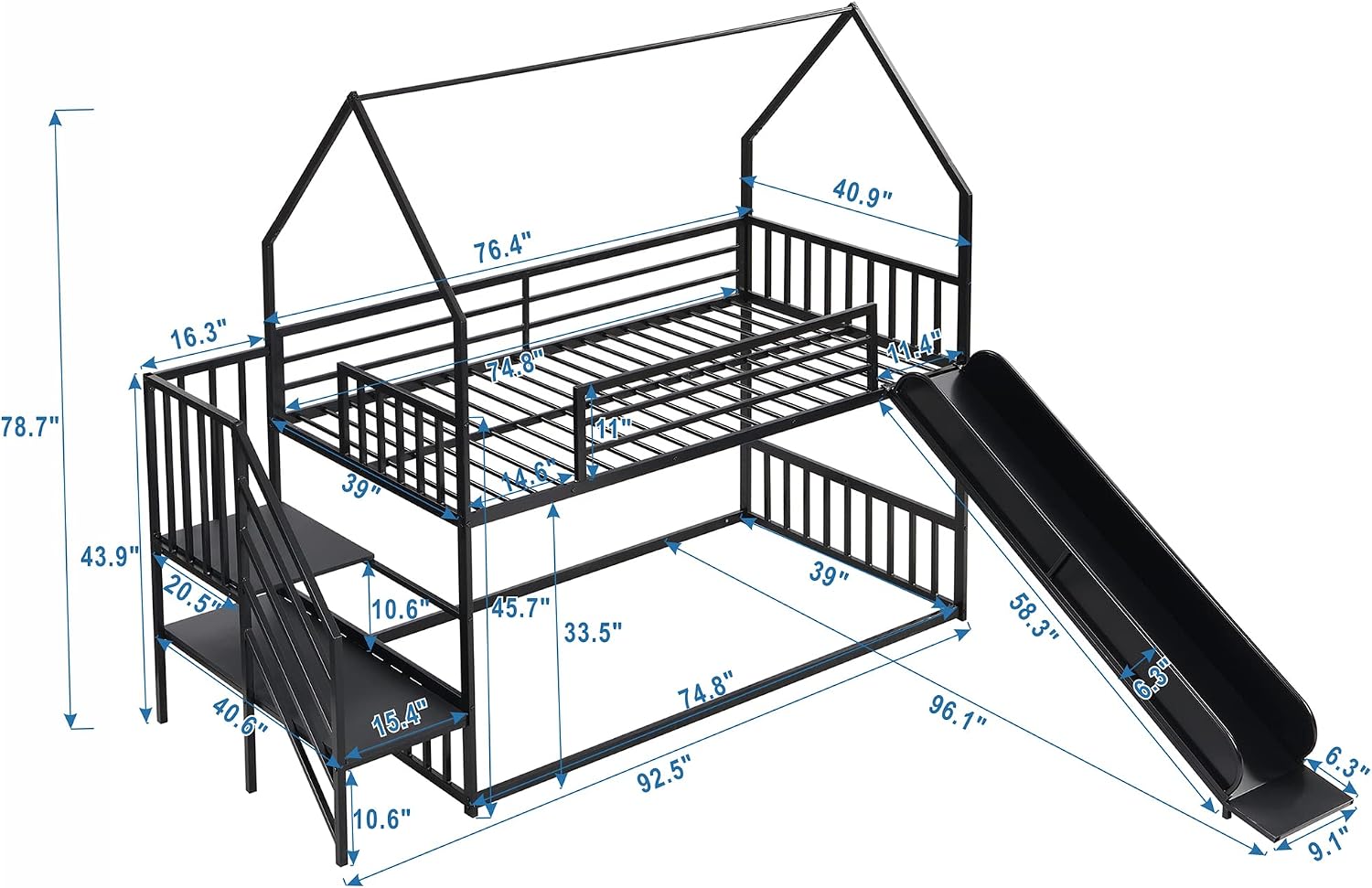 SOFTSEA Low Bunk Beds with Slide and Staircase Twin Over Twin Metal Bunk Bed for Kids(Black, Twin Over Twin)