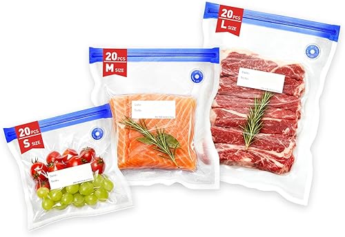 60 bolsas reutilizables selladoras al vacío para alimentos, 3 tamaños, bolsas de almacenamiento al vacío sin BPA con clips de sellado y diseño a
