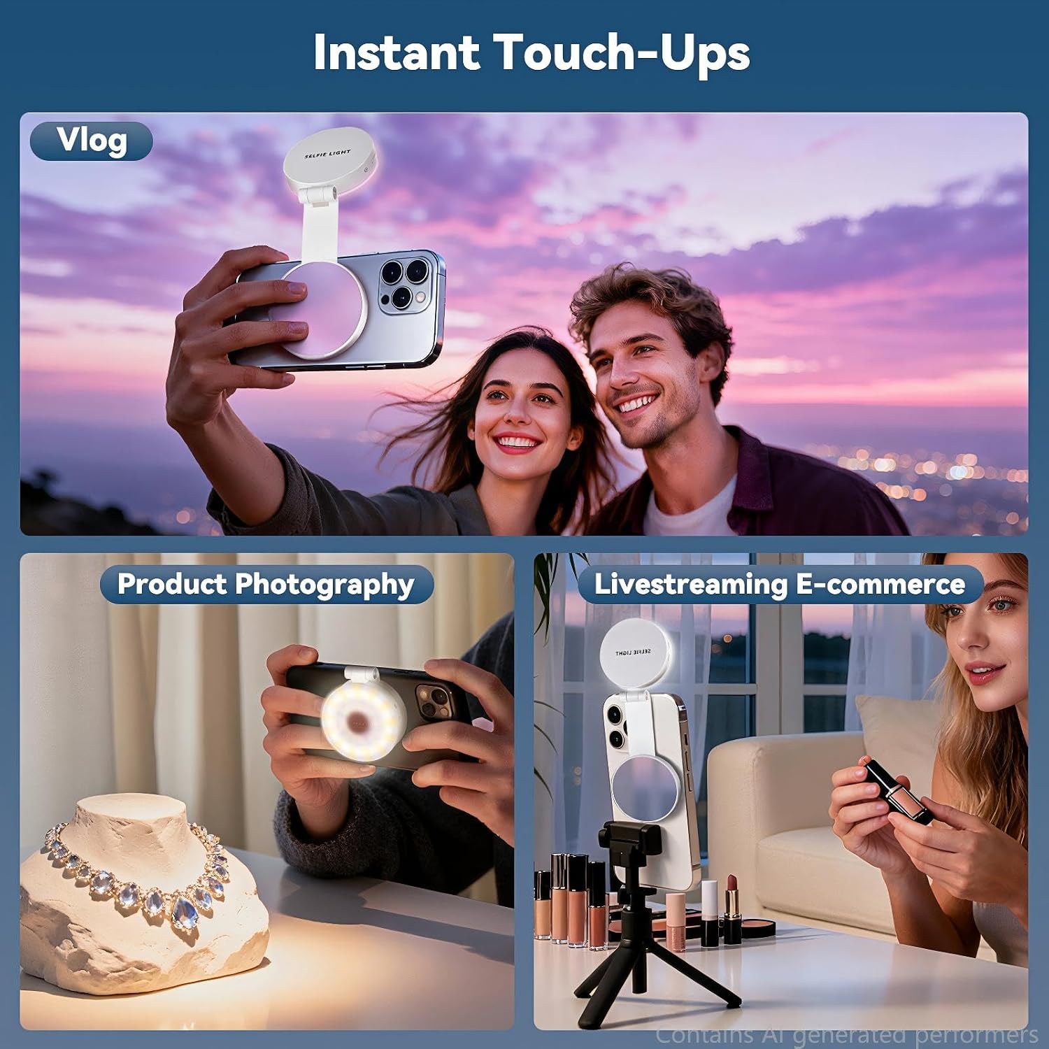 Portable Magnetic Led Selfie Light, Rechargeable Portable Ring Light for Phone, Selfie Ring Light with Mirror for Phone Folding Video Makeup Live Vlog Fill Light White