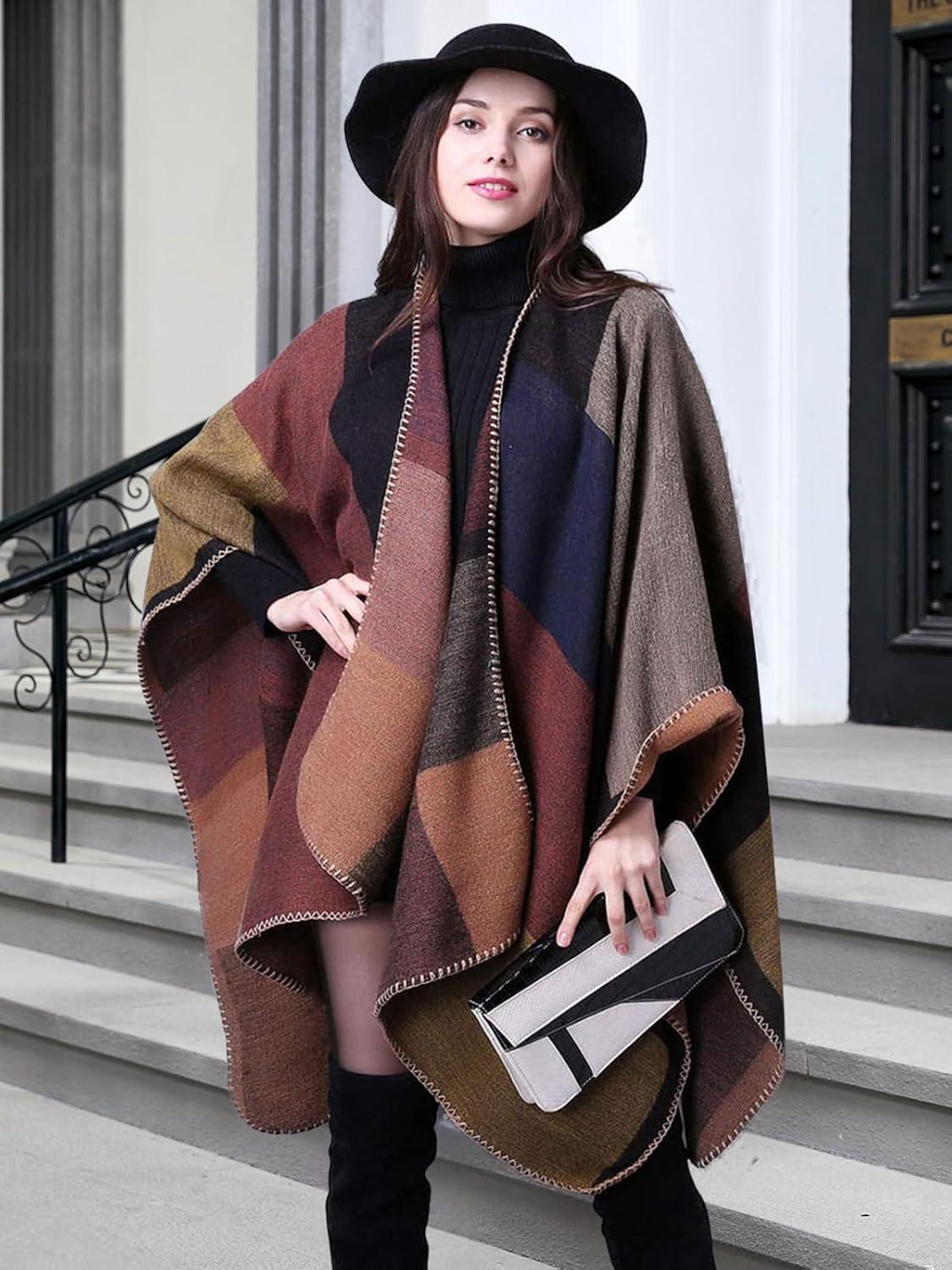 KirGiabo Women's Plaid Sweater Poncho Cape Coat Open Front Blanket Shawls and Wraps - Image 2