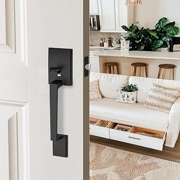 LONTAN Matte Black Exterior Door Handle, Black Front Door Handle with no Lock, Single Cylinder Entry Handle with Door Level
