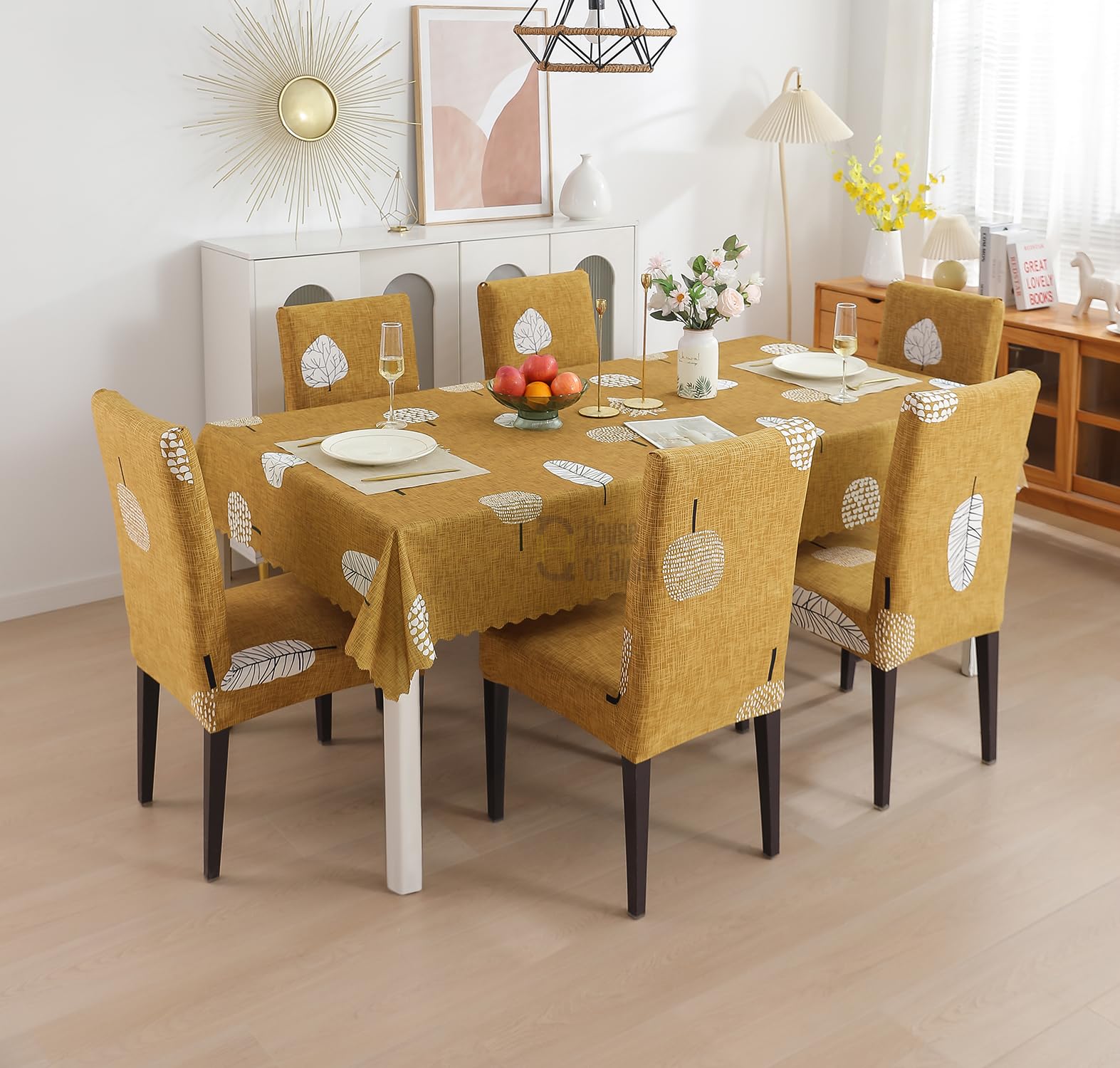 House of Quirk Polyvinyl Chloride (PVC) Dining Chair Cover with Rectangular Table Covers for Kitchen Waterproof Dining Cloth (Mustard Flower, 1 Table Cover + 6 Chair Cover)