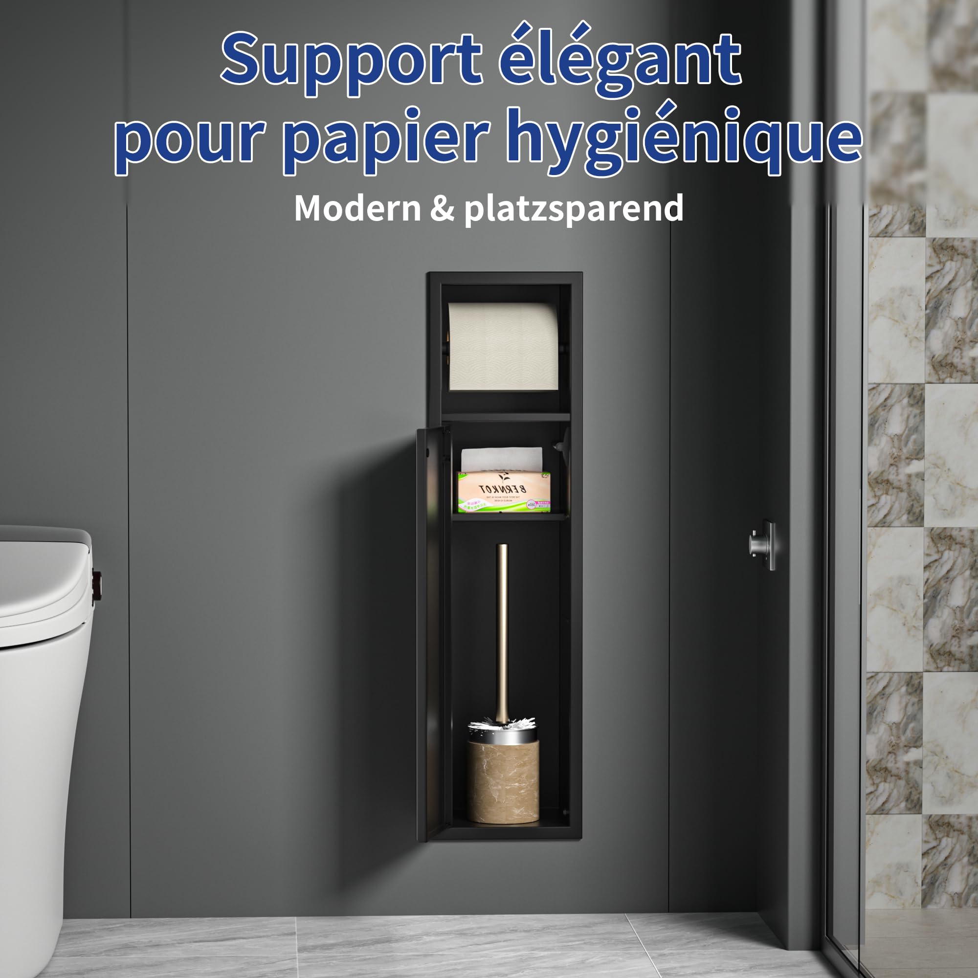 Porte-papier toilette encastré en acier inoxydable pour brosse WC - Armoire de salle de bain avec porte-papier toilette - Avec portes d'armoire - 63 x 15 x 15 cm - Noir
