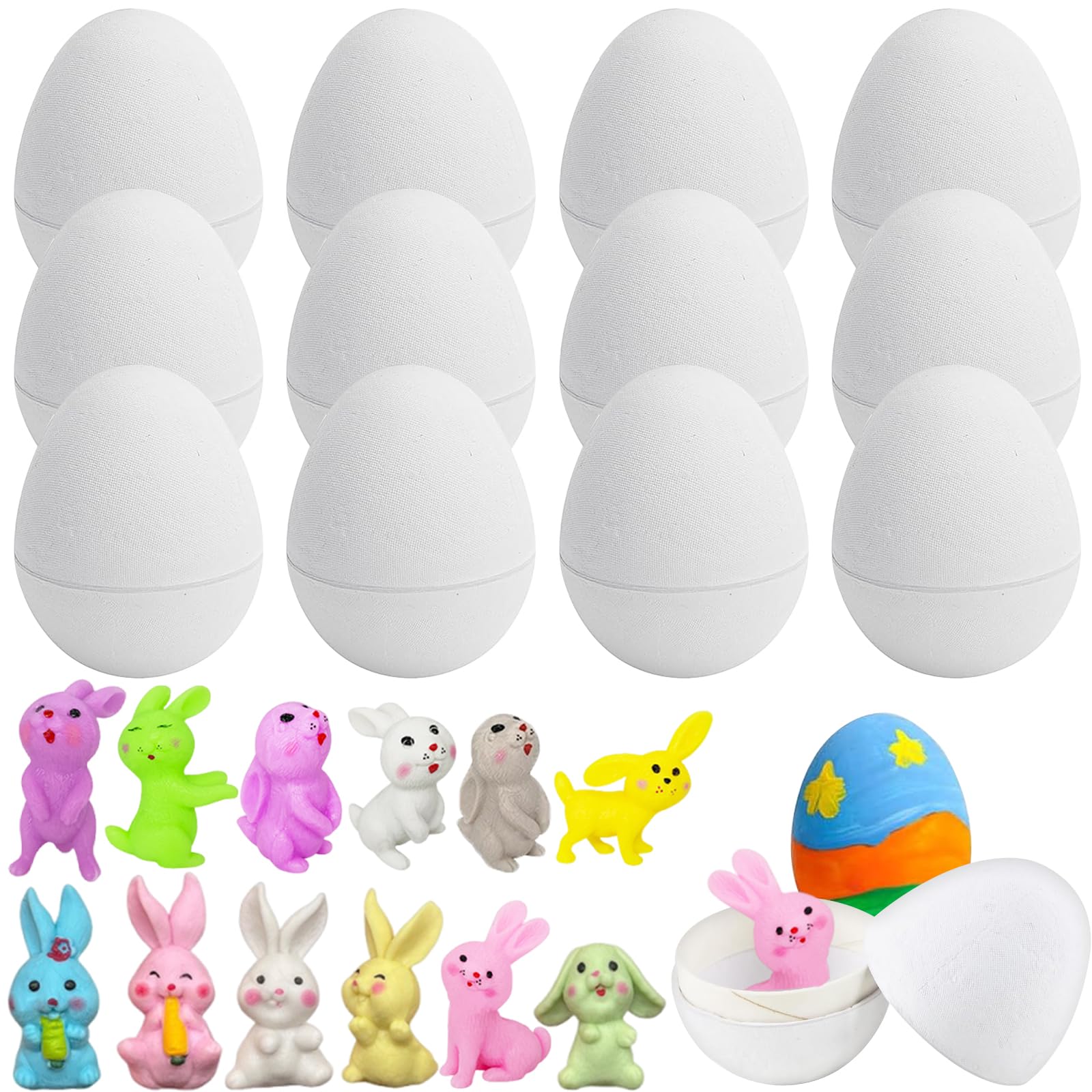 Photo 1 of ***MISSING PIECES SELLING AS IS ***12 Pcs Paper Mache Easter Eggs with 12 Pcs Bunny, White Easter Craft Egg Supplies DIY Blank Paper Mache Eggs Fillable Paintable Craft for Easter Eggs Hunts Party Favors Surprise Egg