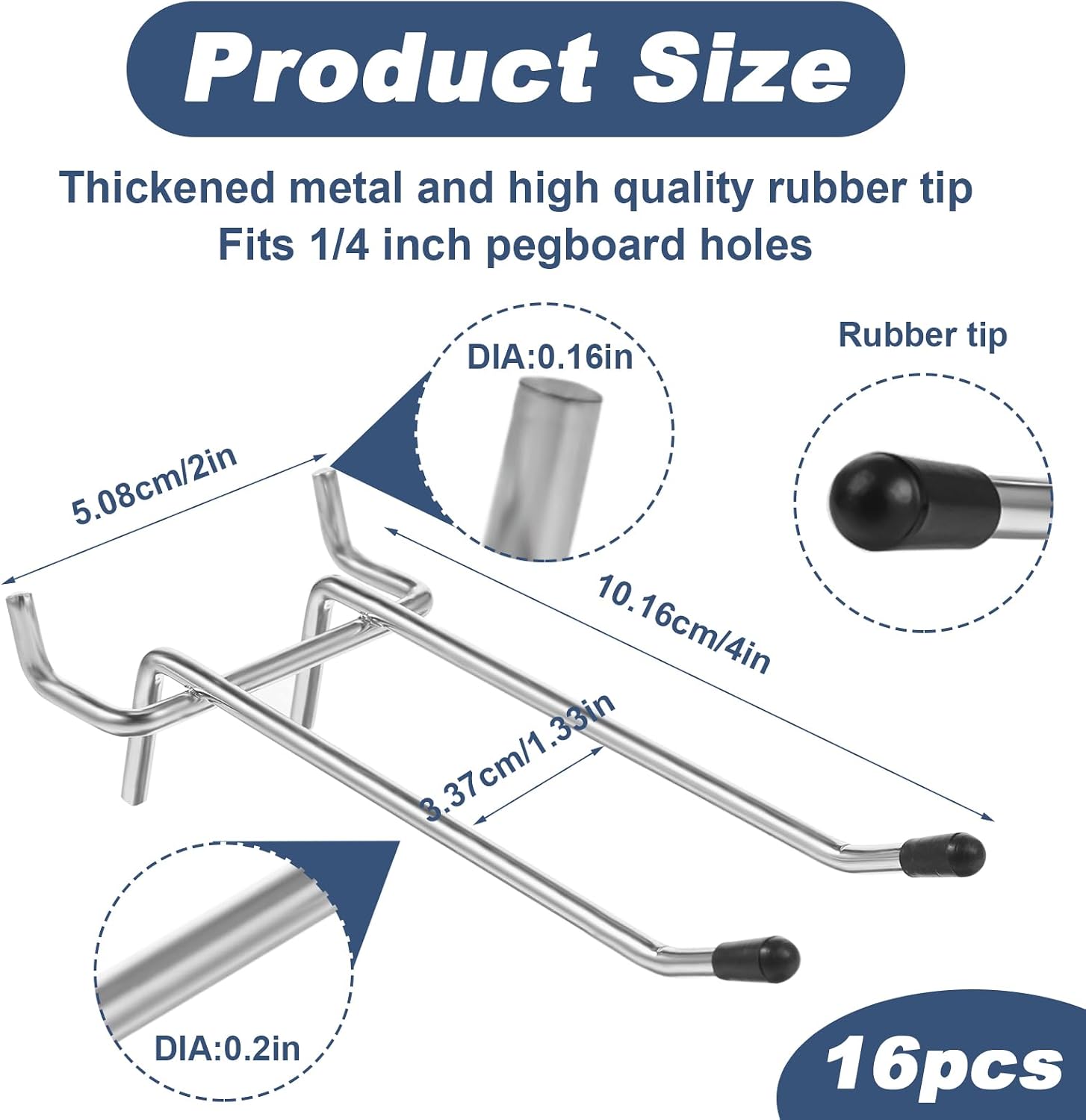 16 Pcs Peg Hooks for Pegboard, 4 Inch Pegboard Hooks, Pegboard Double Hooks Fit 1/4” PegBoard Holes, Heavy Duty Pegboard Pegs with Black Rubber Tipped, Peg Board Organizer Accessories for Garage