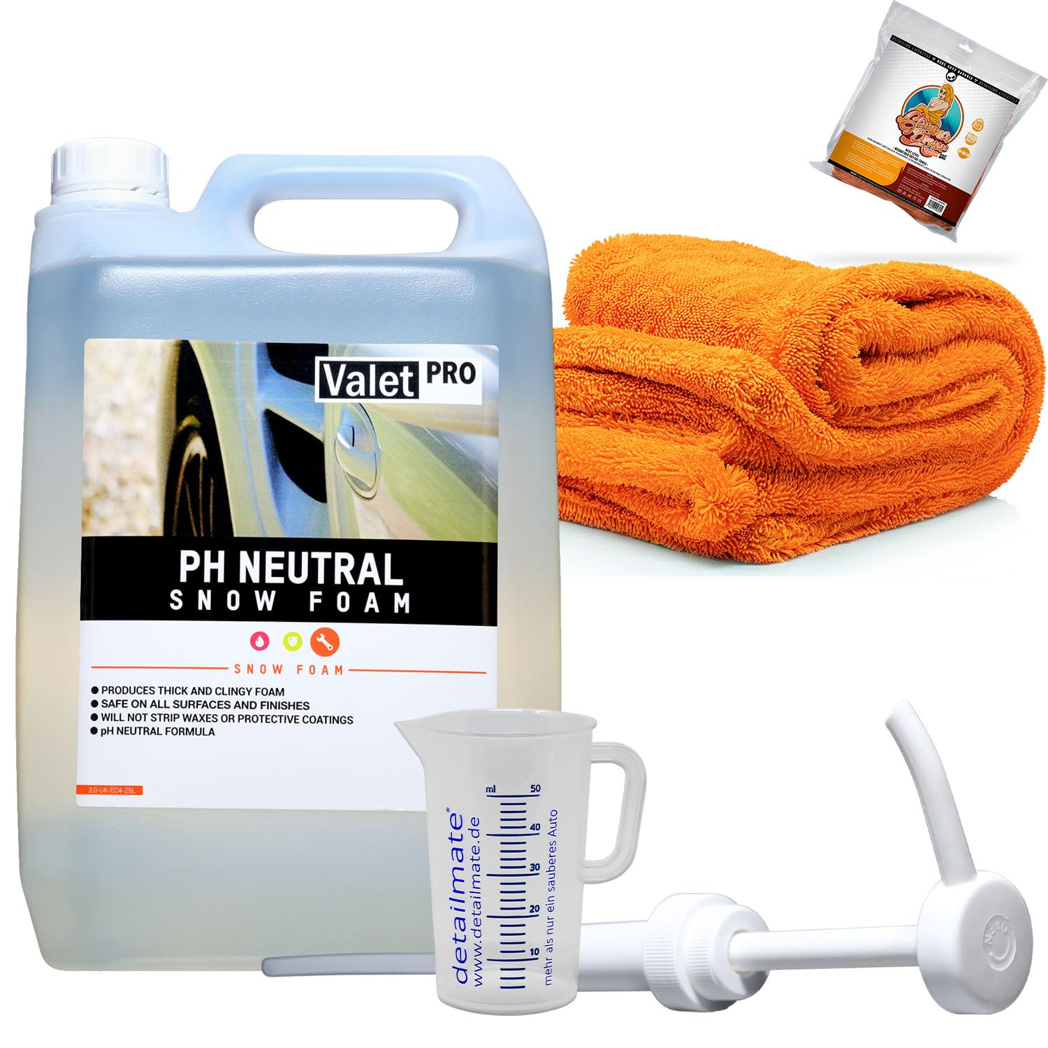 detailmate Auto Reinigungs Set ph Neutral Snow Foam + Nuke Guys Gamma Dryer XXL Trockentuch Messbecher 50 ml + Dispenser