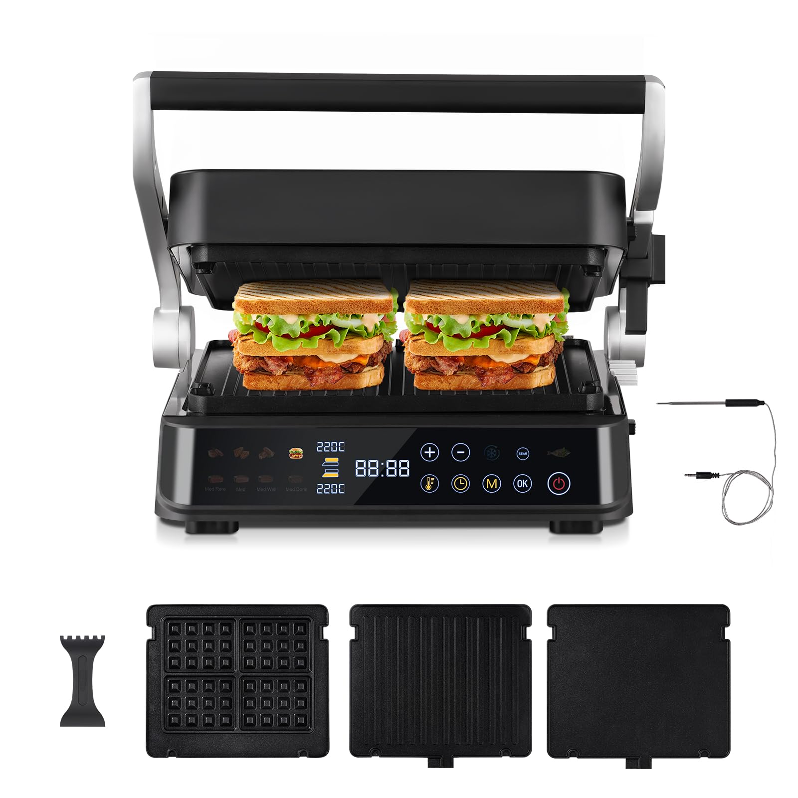 AMZCHEF XL Grill de Contact 4-en-1 avec Capteur de Température & GrillBoost 280 °C – Grill électrique 2000 W avec 6 programmes, 2 zones, 4 plaques amovibles – Steak, Gaufre, Panini, Sandwich
