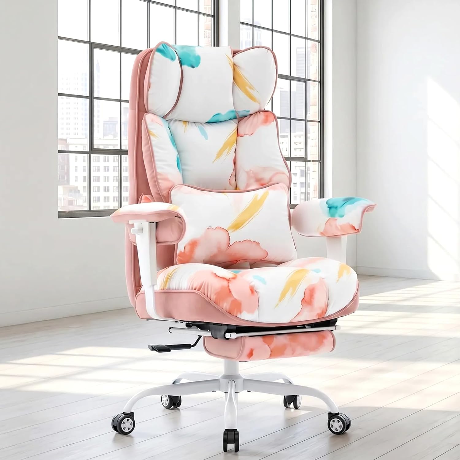 Big and Tall Office Chair 400lbs – Heavy Duty Reclining Desk Chair with Footrest, 6-Inch Extra Thick Pocket Spring Seat, Breathable Fabric Executive Chair with Adjustable Armrests, Watercolor Pink
