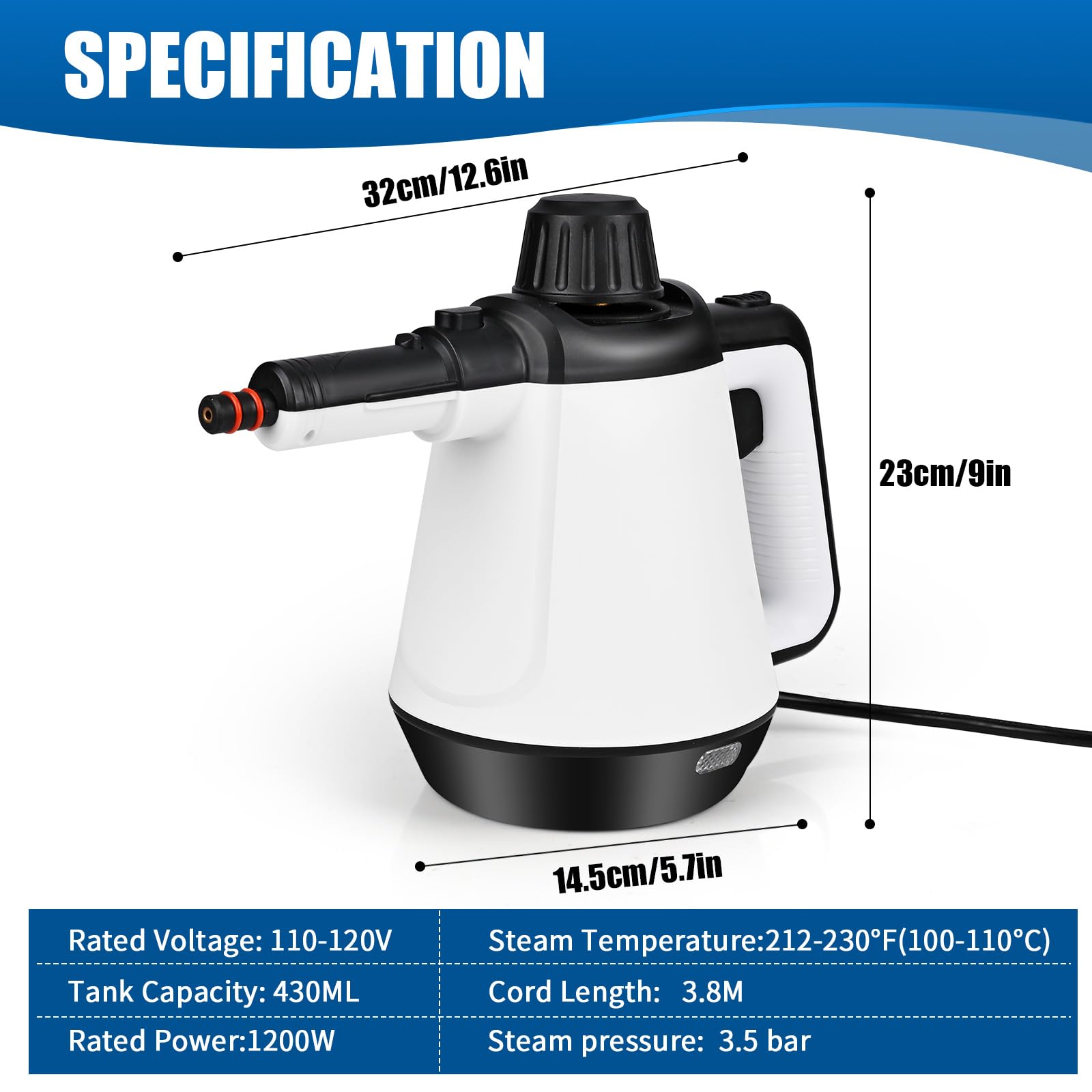 Dreamhigh Ręczny środek do czyszczenia parą 430 ml, 1200 W, 3,5 bara, środek do czyszczenia pary z 9 akcesoriami, elektryczne środki czyszczące do plam na szybach, pluskwa, łóżko, materac,