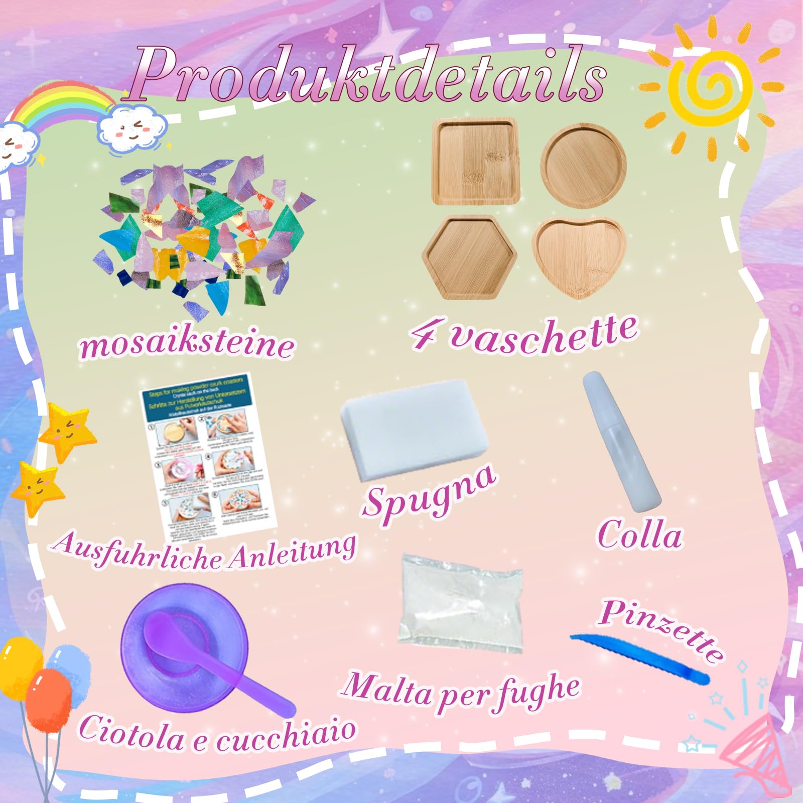 Mosaik Bastelset Kinder, 4 Stück Mosaiksteine zum Basteln und Holz Untersetzer, DIY Kit, Wärmeisolierender Untersetzer für Kinder ab 4 Jahren, Mädchengeburtstag