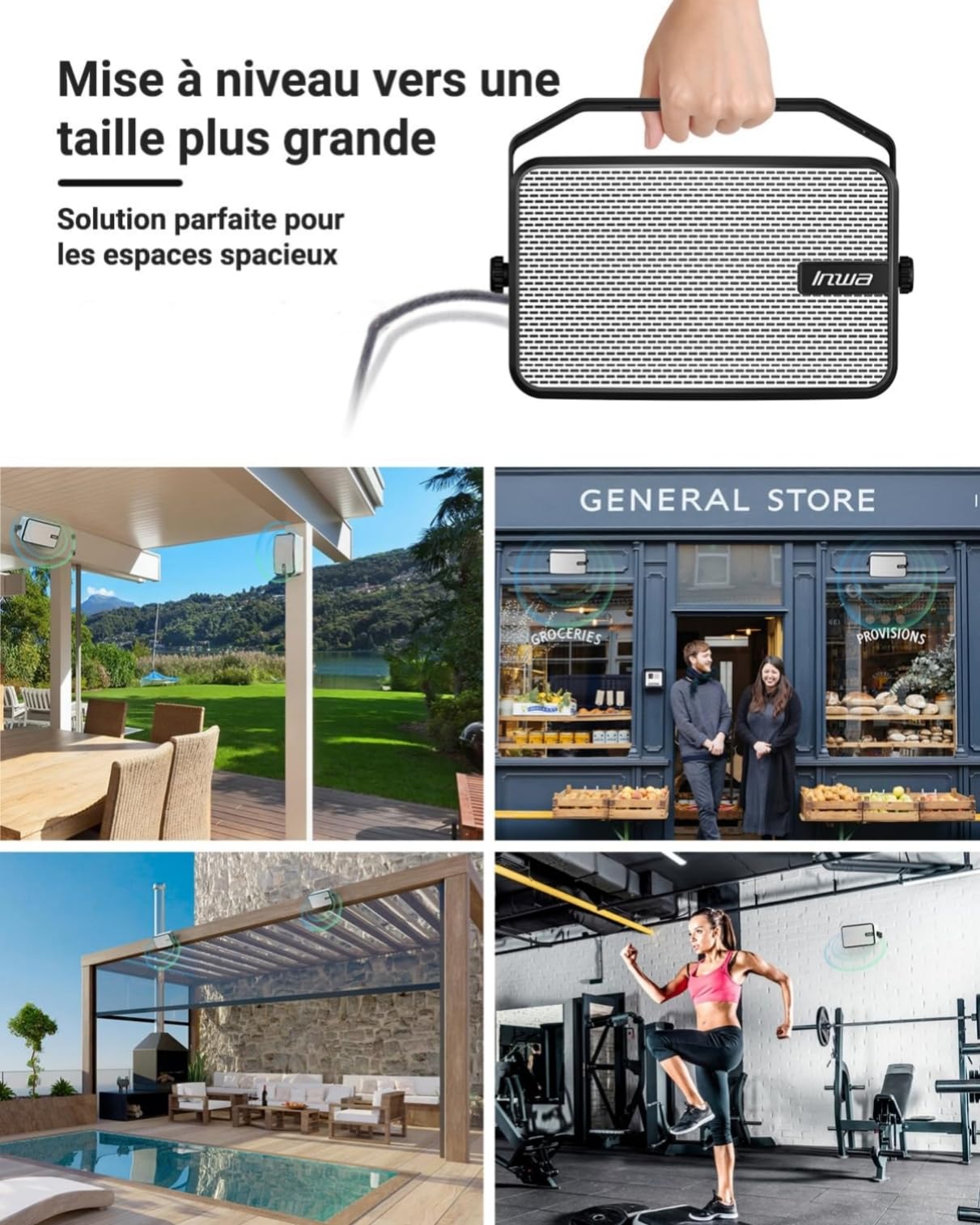 Inwa Enceintes Extérieures Bluetooth, Système Audio Sans Fil pour Intérieur et Extérieur, IPX5 Waterproof, 400W (lot de 2, Nouveau nom Bluetooth 2025 « Sync Speaker », Adaptateur&Télécommande, RMS40W)