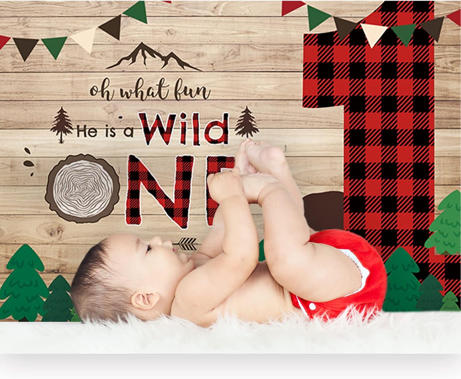 Allenjoy 7x5ft Lumberjack Wild One Backdrop Wonederland Boy Prince 1st First Birthday Supplies Red Black Buffalo Plaid Children Kids Party Decorations Props Baby Shower Decoration Photoshoot Cake