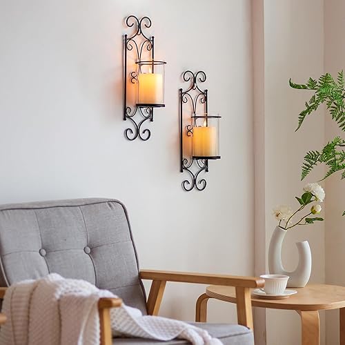 Miniatura 2 de Sziqiqi Juego de 2 candelabros negros para pilar, decoración contemporánea de pared, apliques decorativos de metal para sala de estar, dormitorio,