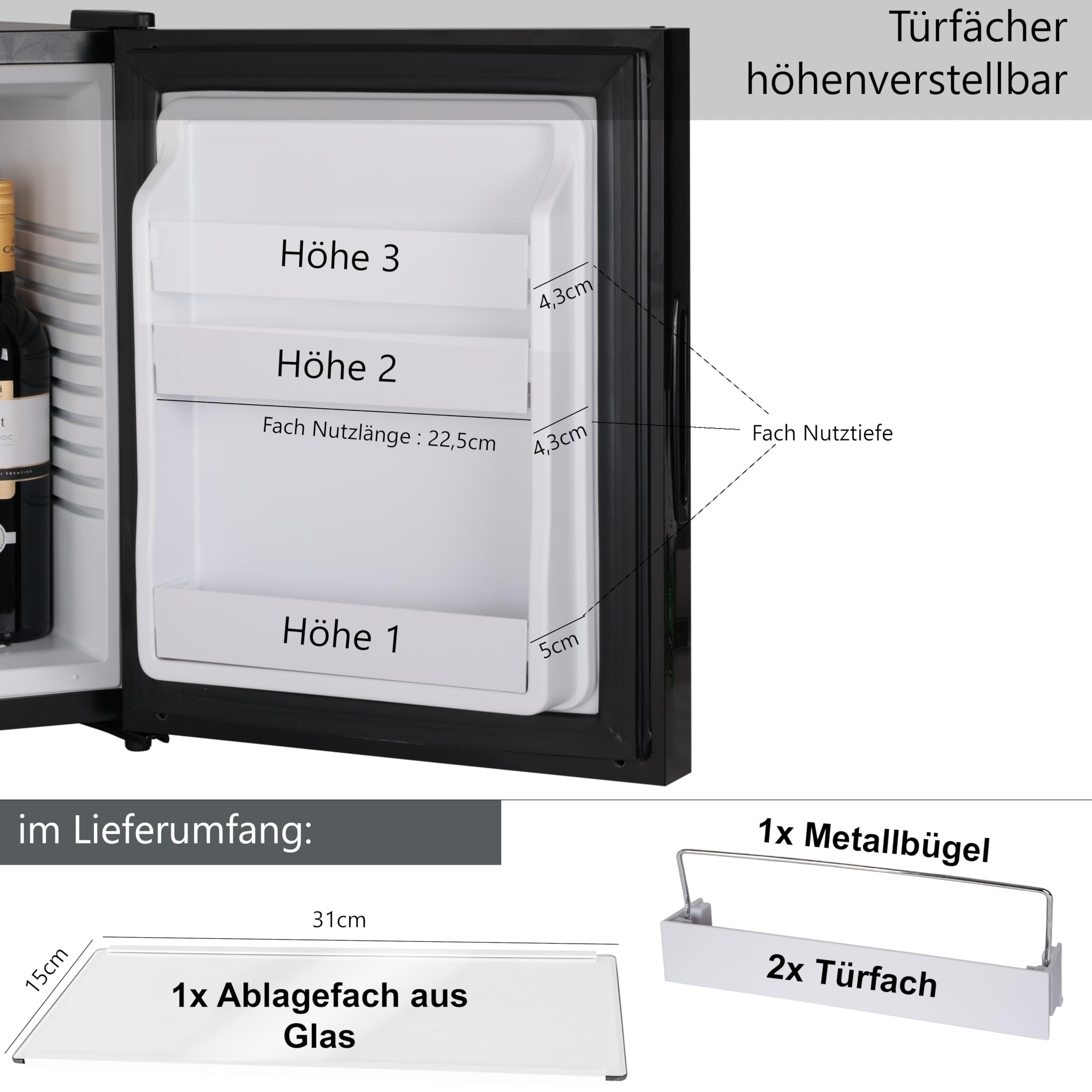 30 Liter Mini Kühlschrank LAUTLOS Minikühlschrank mit Schloss, Minibar abschließbar geräuschlos, Türanschlag wechselbar, ca. 4°-14°C Höhe 48cm, Weinkühlschrank für 11 Flaschen Temperatureinstellung