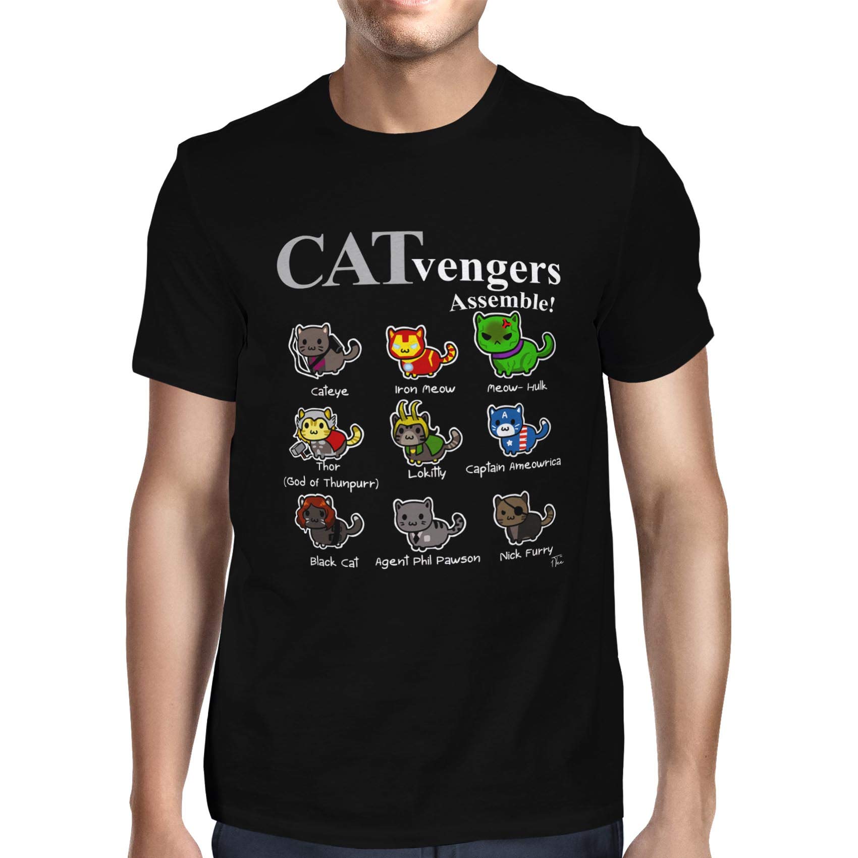 1Tee Mens Catvengers Assemble Cat T-Shirt Black Large