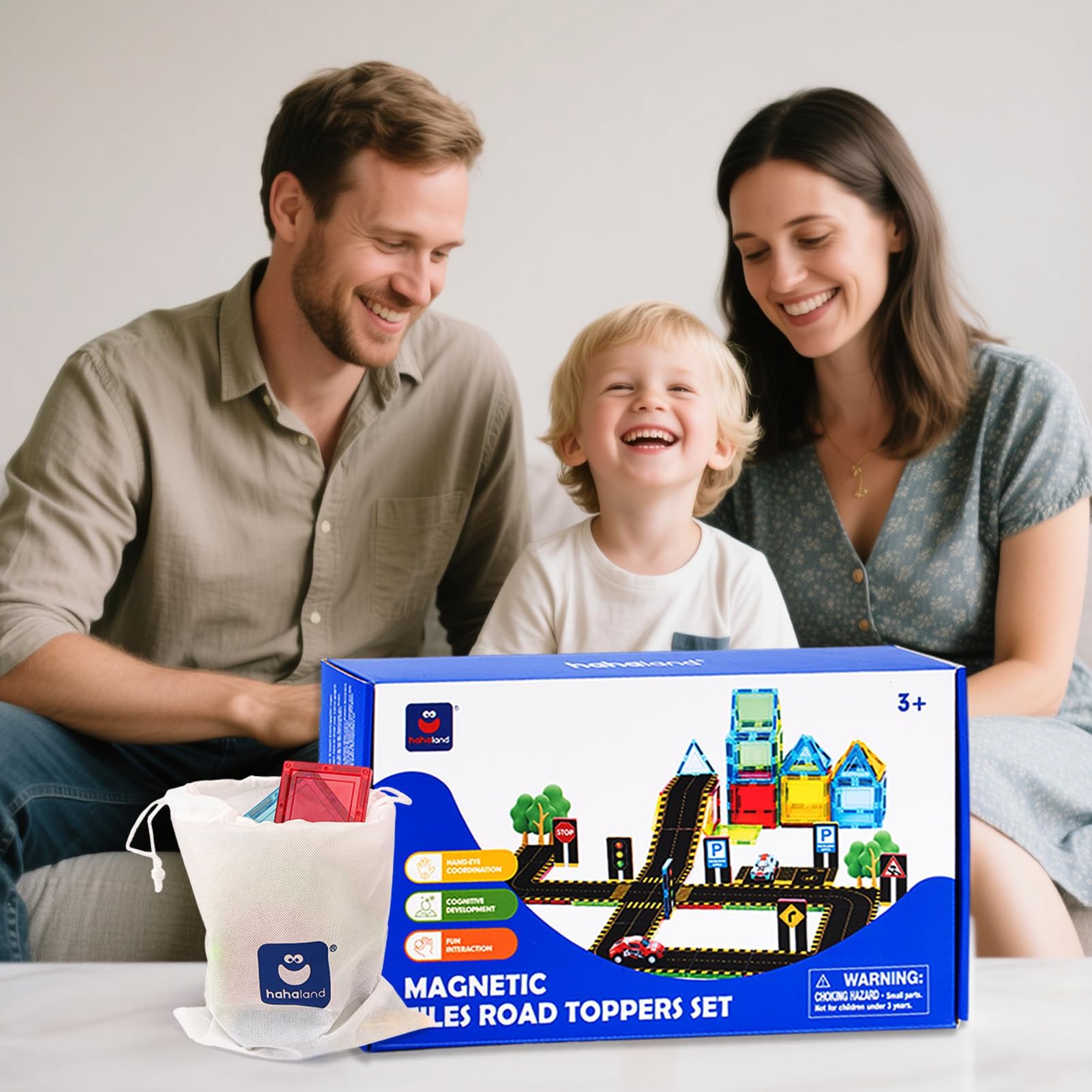 hahaland Magnetic Building Blocks 64 Pieces Street Attachment Set, Magnetic Building Blocks with Car Toy for 3 Years Children, Magnetic Building Blocks Gifts for Boys and Girls from 3 4 5 6 7 Years