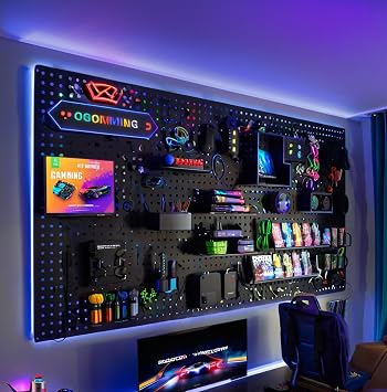 Peg Board with RGB+IC LED Strip Lights,4PCS Metal Pegboard Panels,Heavy Duty Pegboard Gaming Room Wall Organizer Peg Board with 20 Hooks, Wall Mounted 12 * 24”