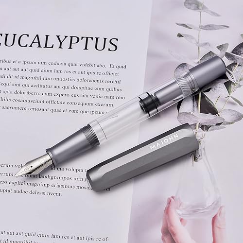 Miniatura 6 de Pluma estilográfica de pistón T1, punta fina, caja de pluma de escritura de gran capacidad de tinta de acrílico transparente de aluminio gris