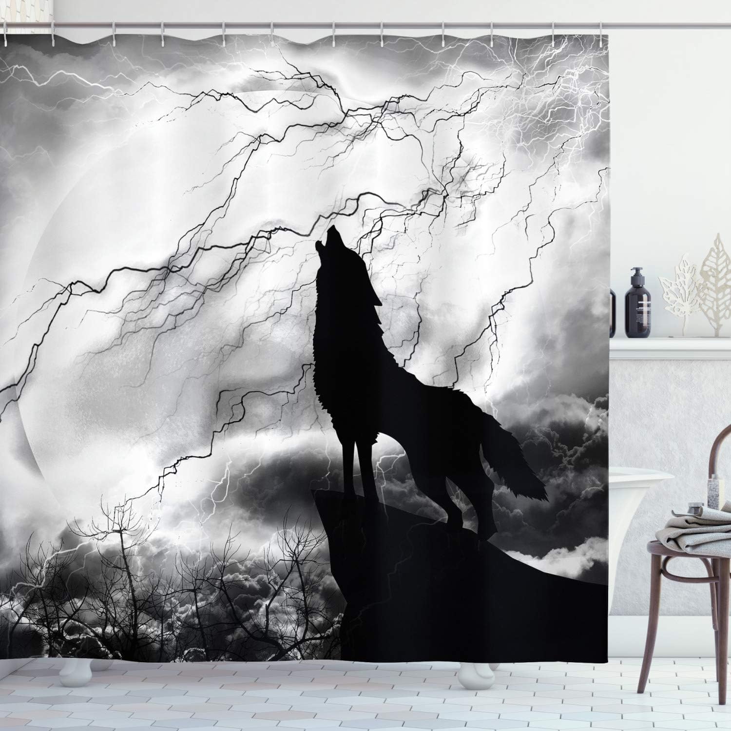 Ambesonne Wolf Shower Curtain, Howling Animal Silhouette on a Cliff Under Full Moon Mysterious Dramatic Sky, Cloth Fabric Bathroom Decor Set with Hooks, 69" W x 70" L, Black Grey and White