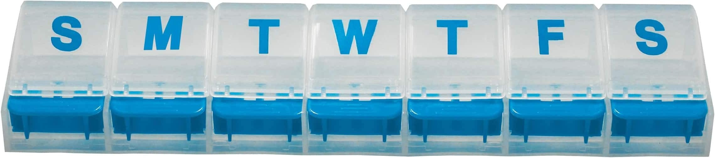 Rehabilitation Advantage Weekly Pill Organizer โ 7-Day Push Button Pill Box with Large Compartments, Easy Open Design for Medications and Vitamins. Travel & Daily Use
