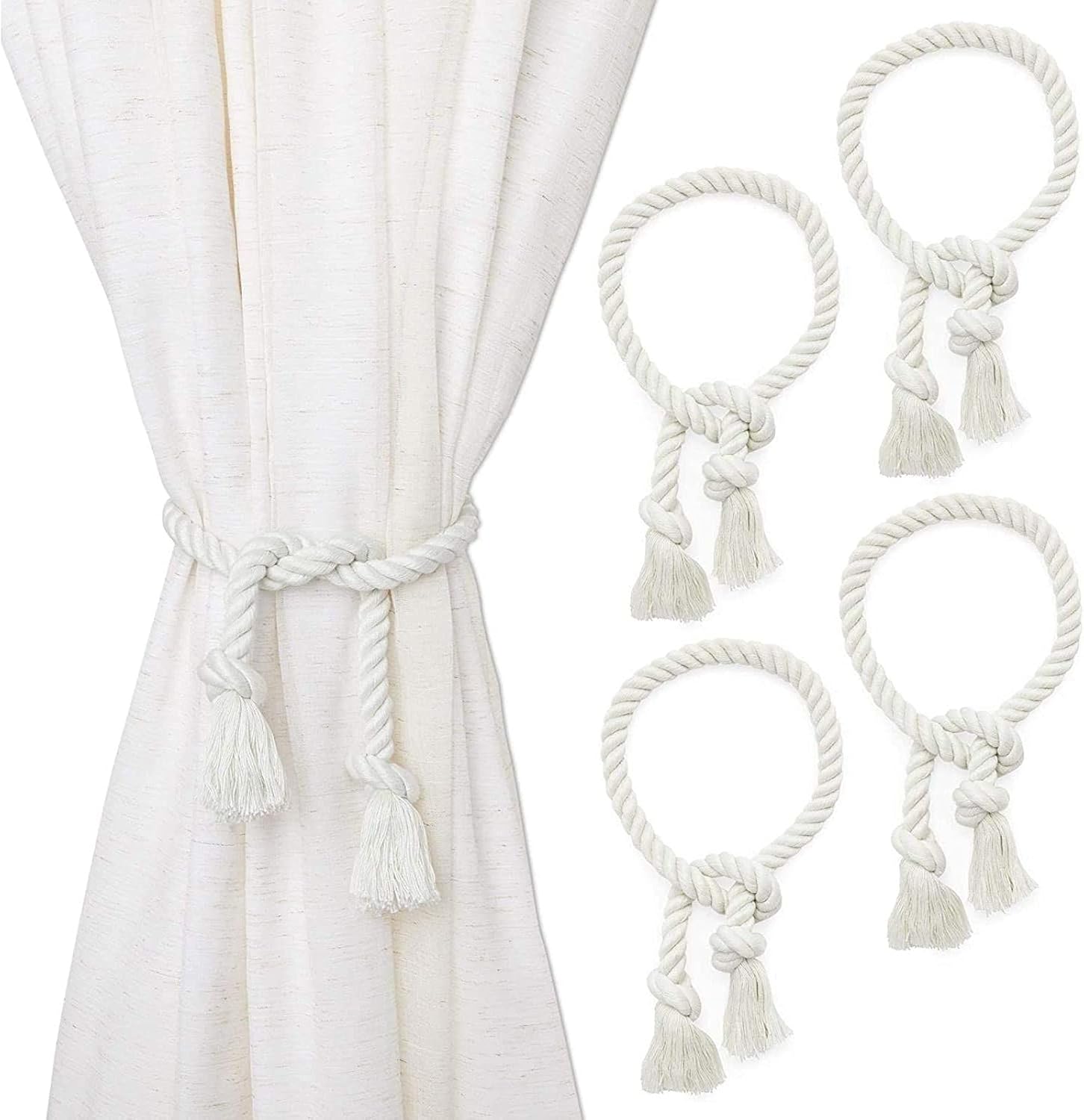 Juvale White Rope Curtain Tiebacks, Holdbacks for Drapes (29 in, 2 Pairs)