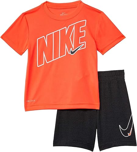 Nike Conjunto de camiseta y pantalones cortos Dri-FIT para niños pequeños, 2 piezas (negro jaspeado (86H589-K08)rosa, 5 años), Naranja