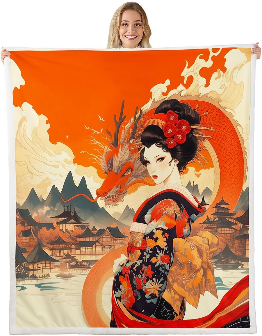 3D Dragon Fleece Flannel Blanket,Watercolor Japanese Geisha Girl Bed Blanket for Bed Sofa Couch,90"x90"Japan Ukiyoe Art Bed Plush Blanket,Japanese Tradition Aesthetic Lightweight Blanket